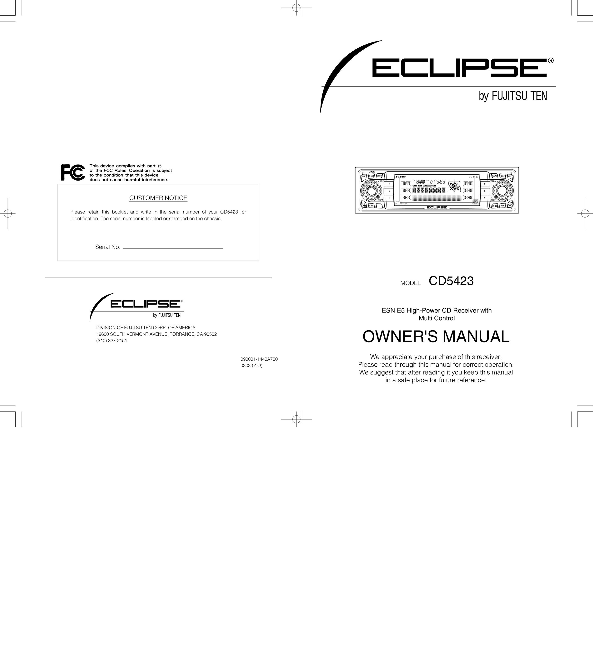 Eclipse - Fujitsu Ten CD5423 Car Stereo System User Manual