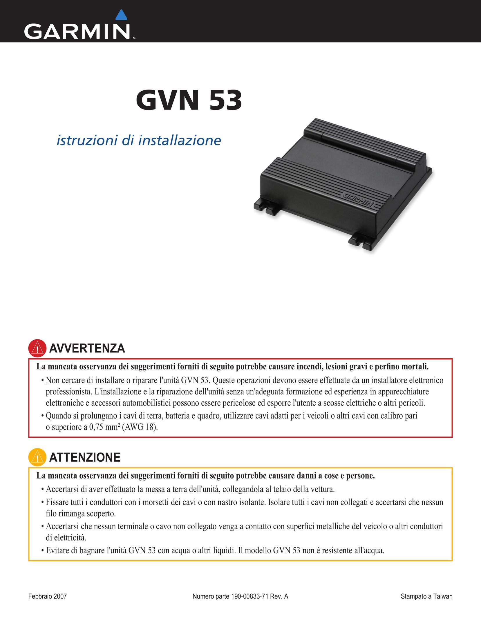 Garmin GVN 53 Car Stereo System User Manual