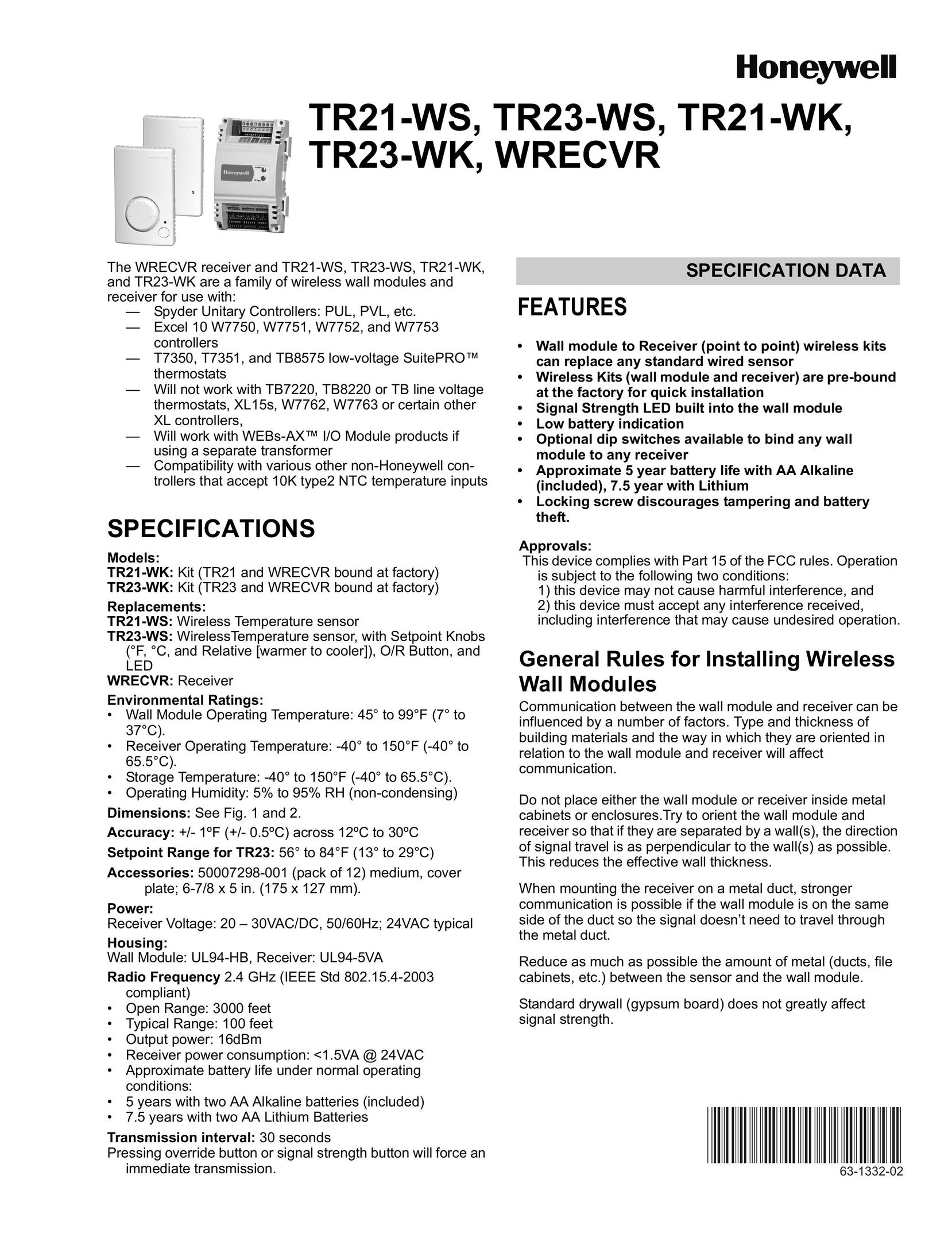 Honeywell 63-1332-02 Car Stereo System User Manual