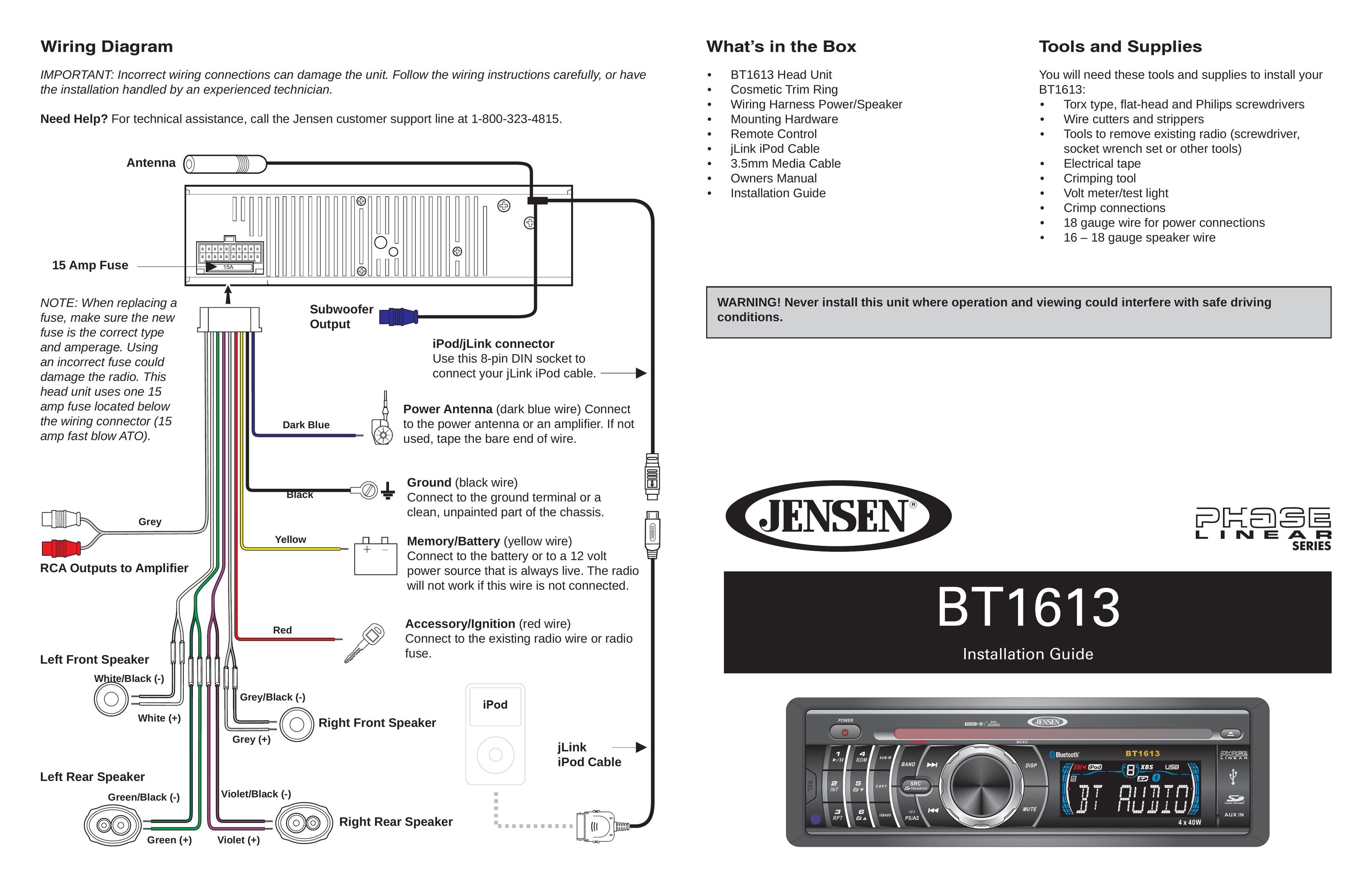 Jensen BT1613 Car Stereo System User Manual