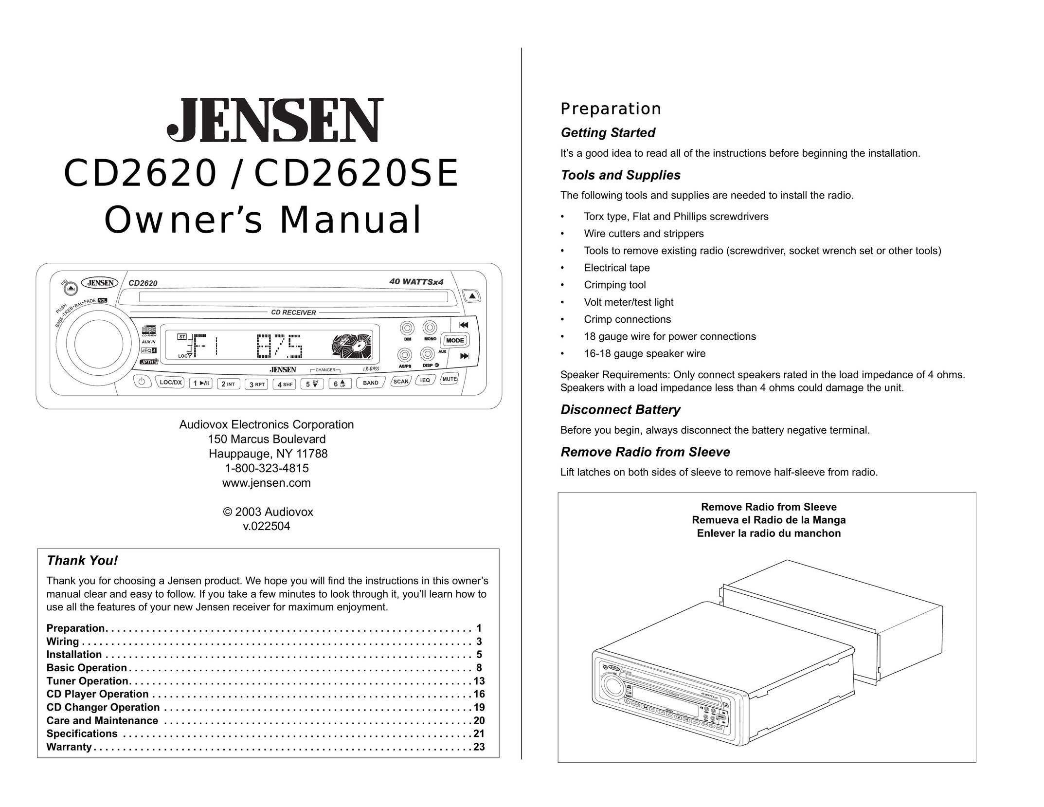 Jensen CD2620SE Car Stereo System User Manual