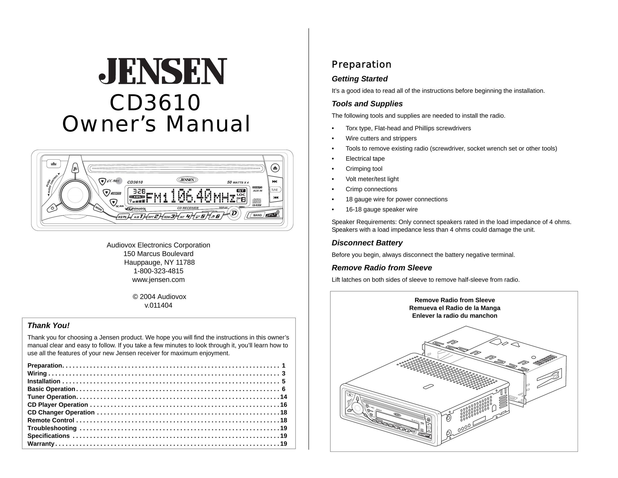 Jensen CD3610 Car Stereo System User Manual