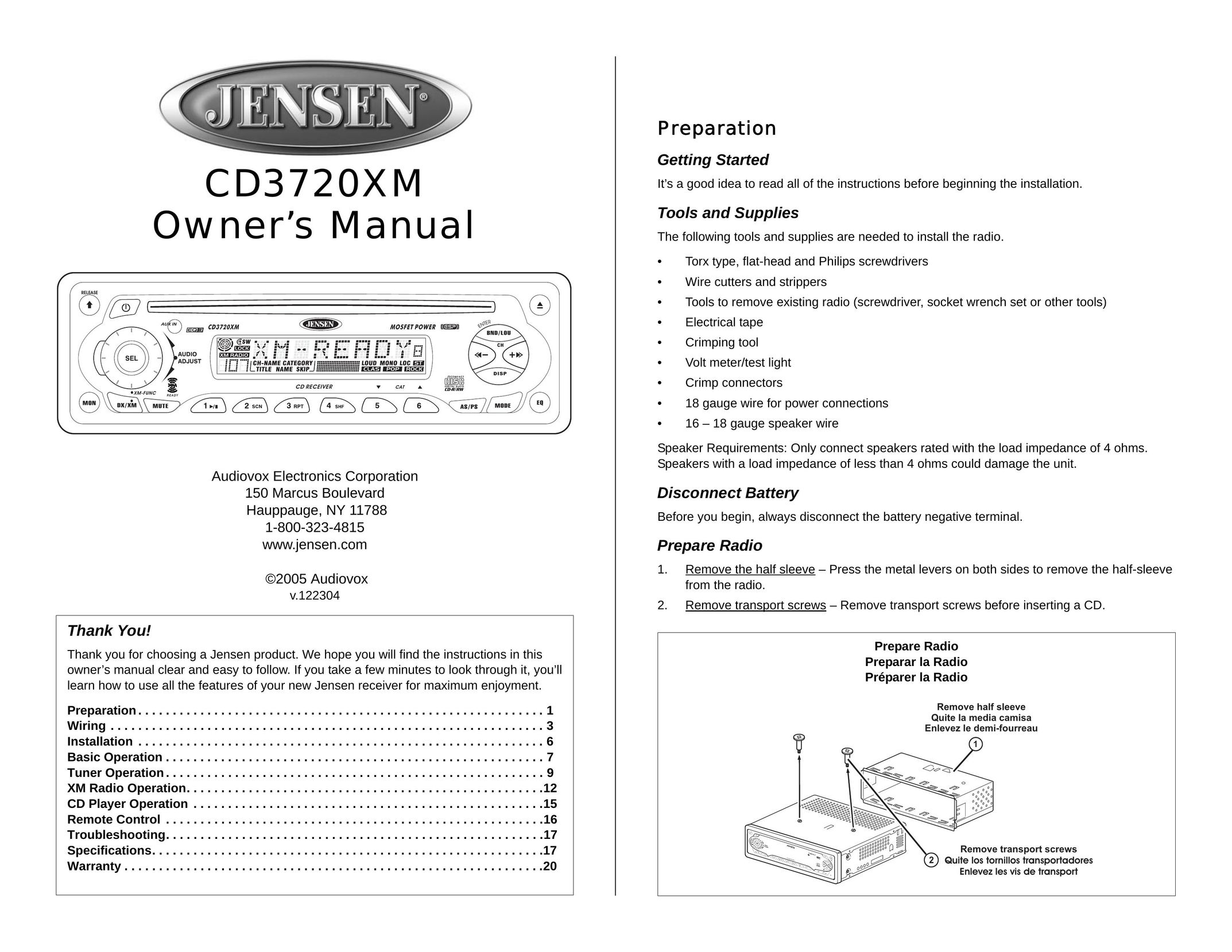 Jensen CD3720XM Car Stereo System User Manual