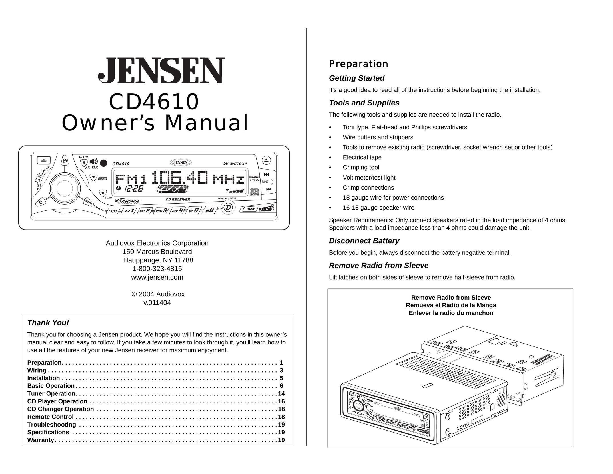 Jensen CD4610 Car Stereo System User Manual