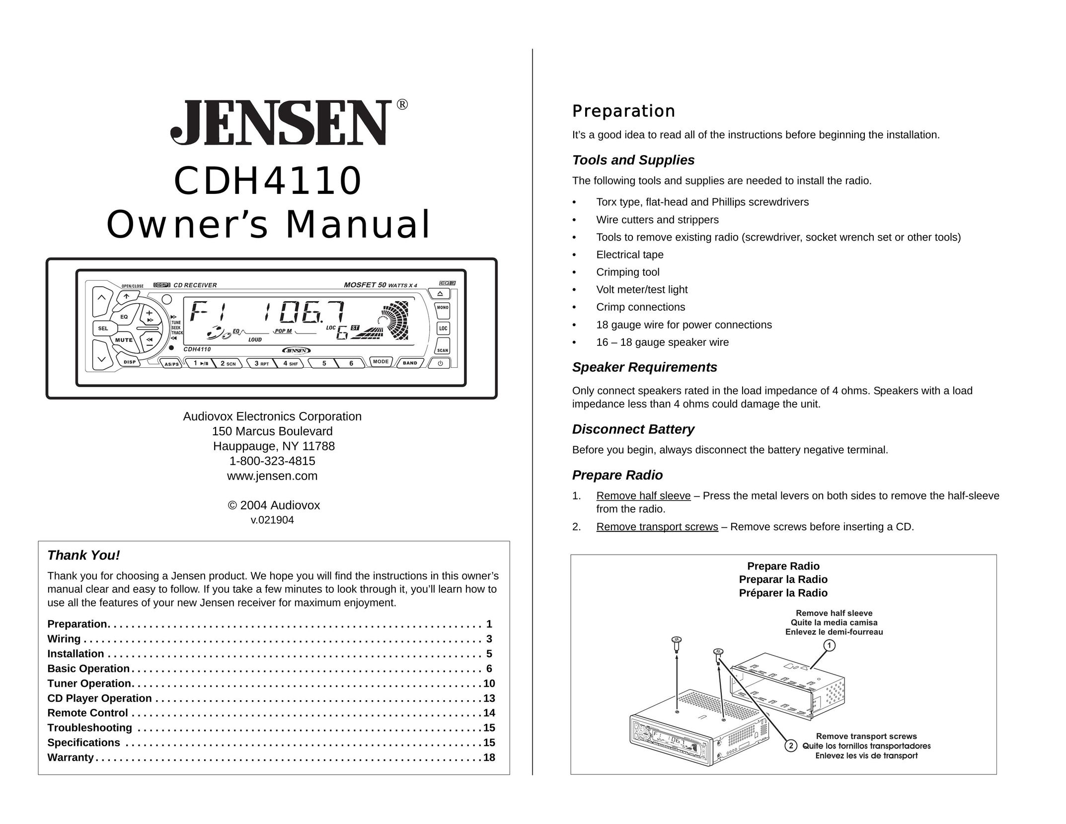Jensen CDH4110 Car Stereo System User Manual