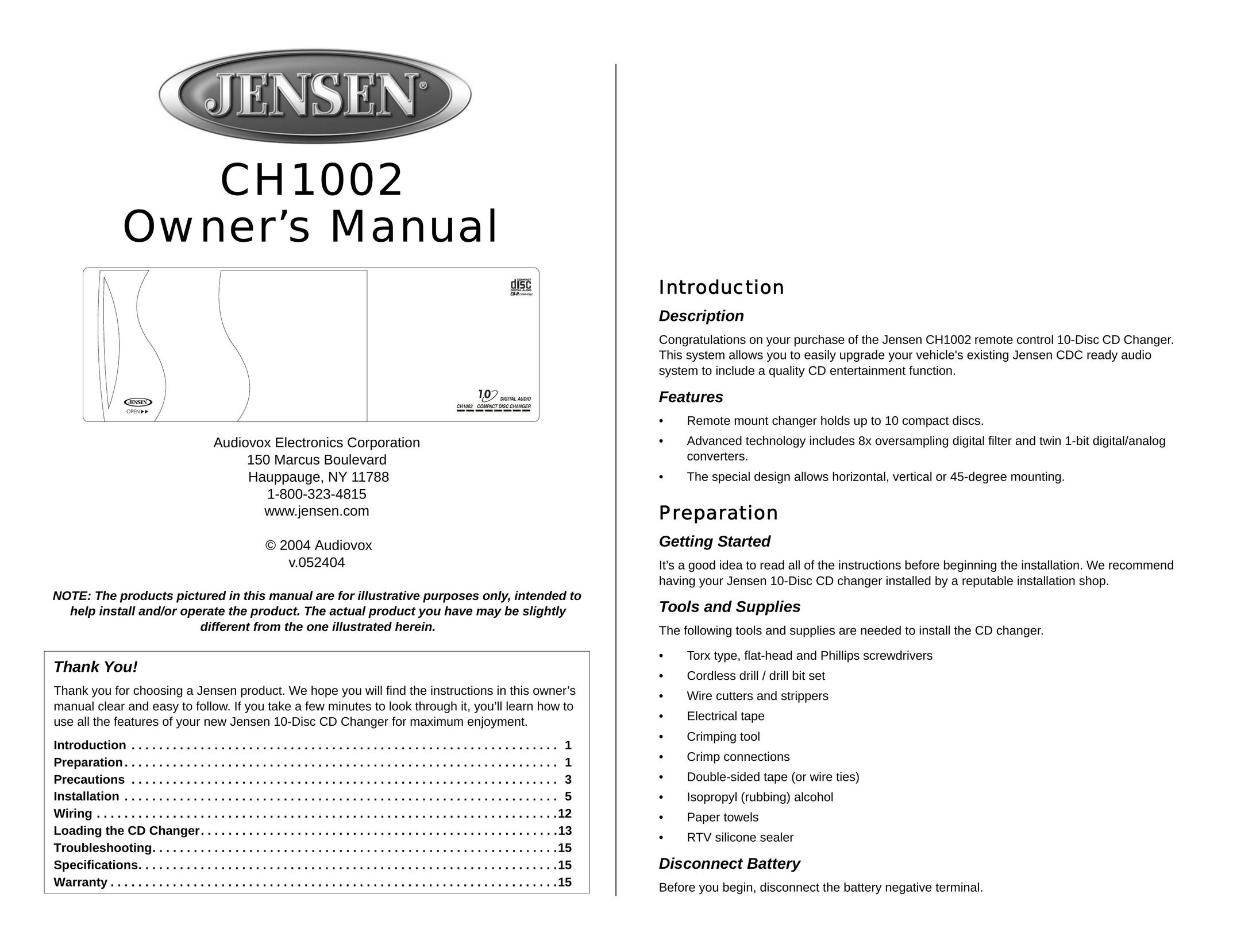 Jensen CH1002 Car Stereo System User Manual