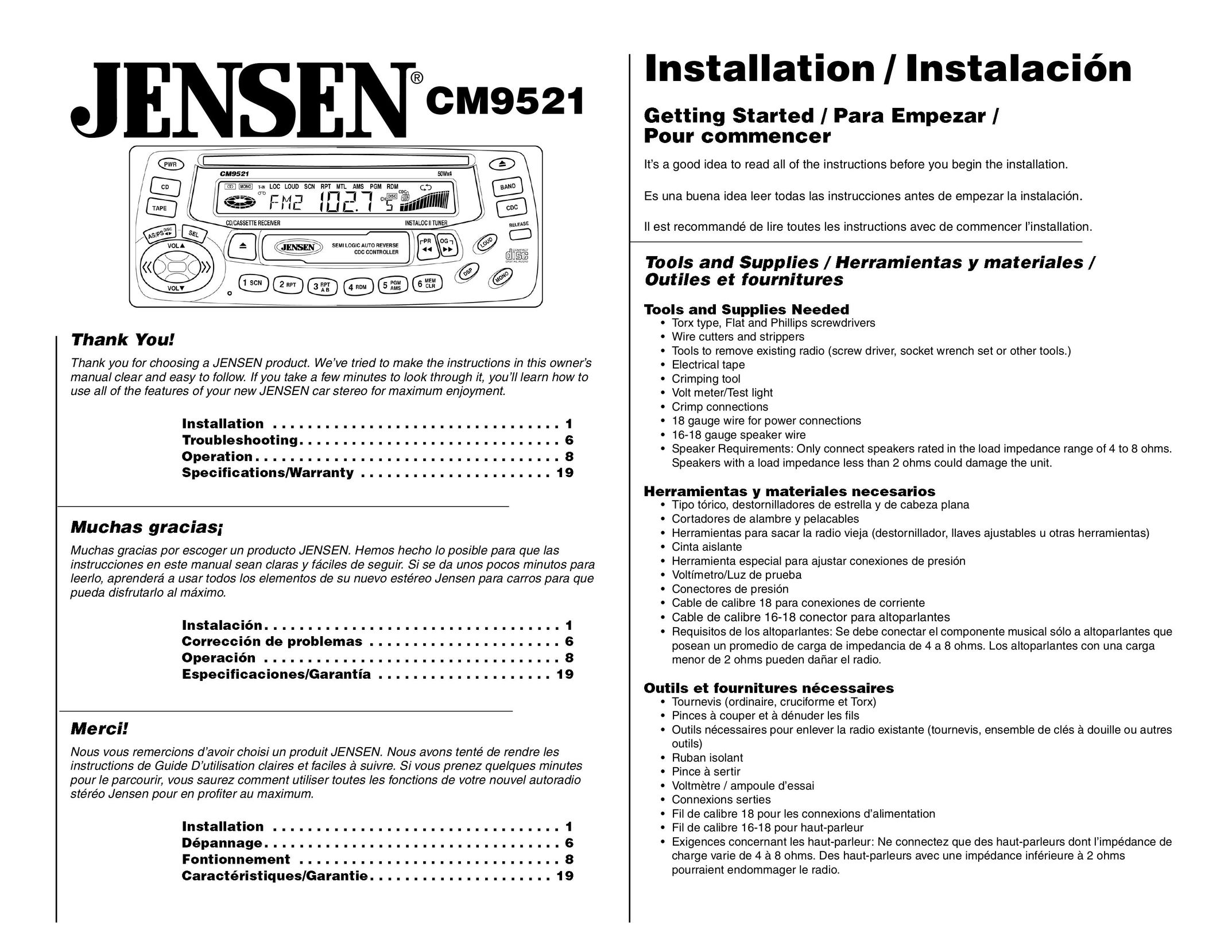 Jensen CM9521 Car Stereo System User Manual
