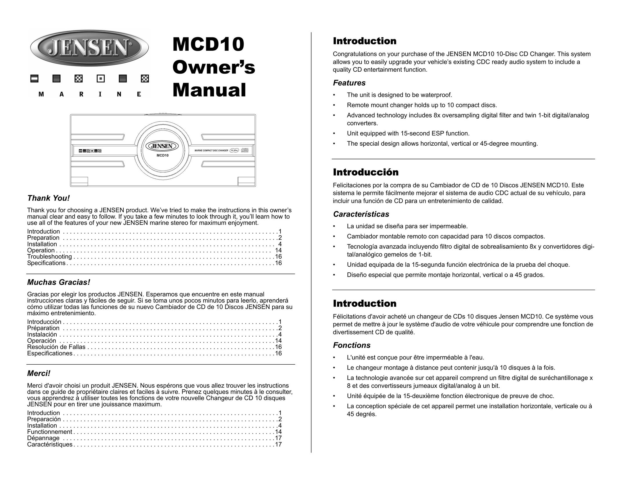 Jensen MCD10 Car Stereo System User Manual