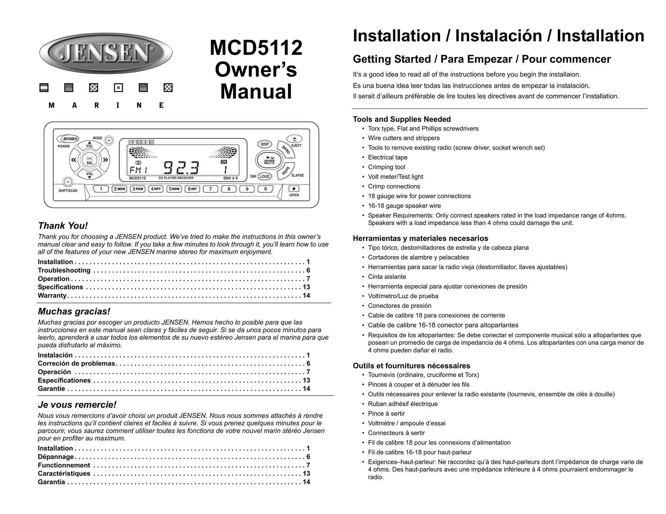 Jensen MCD5112 Car Stereo System User Manual