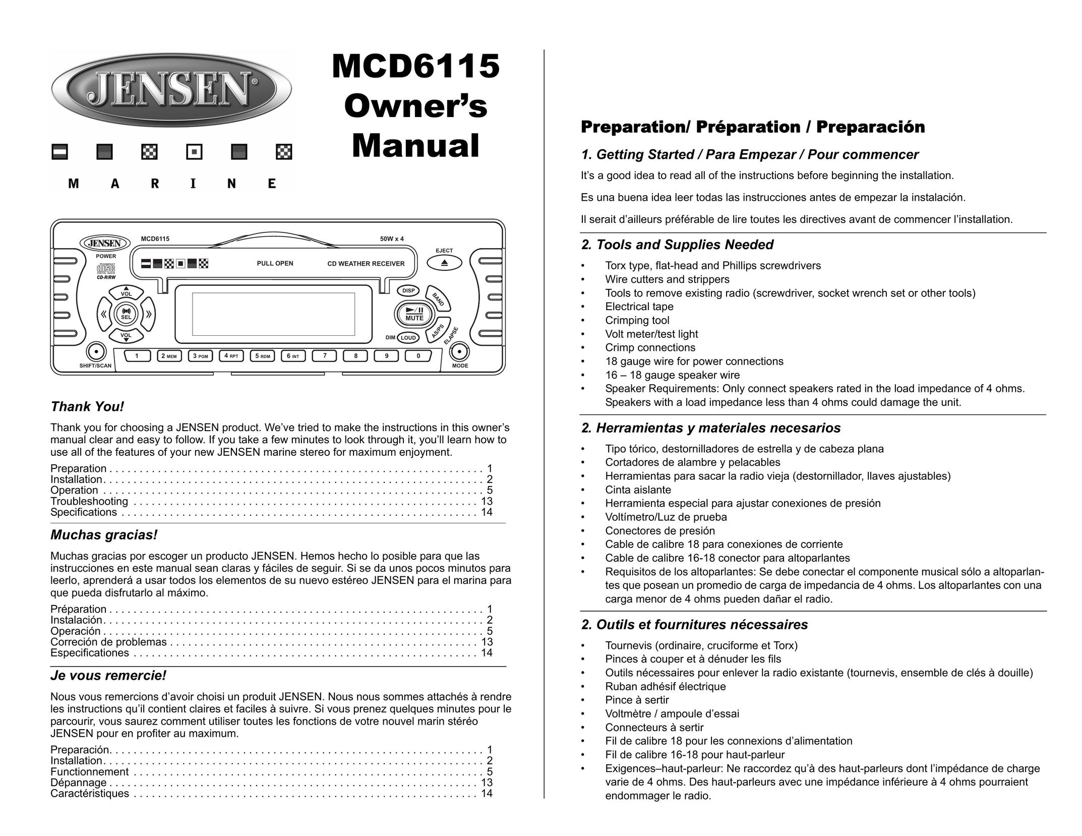 Jensen MCD6115 Car Stereo System User Manual