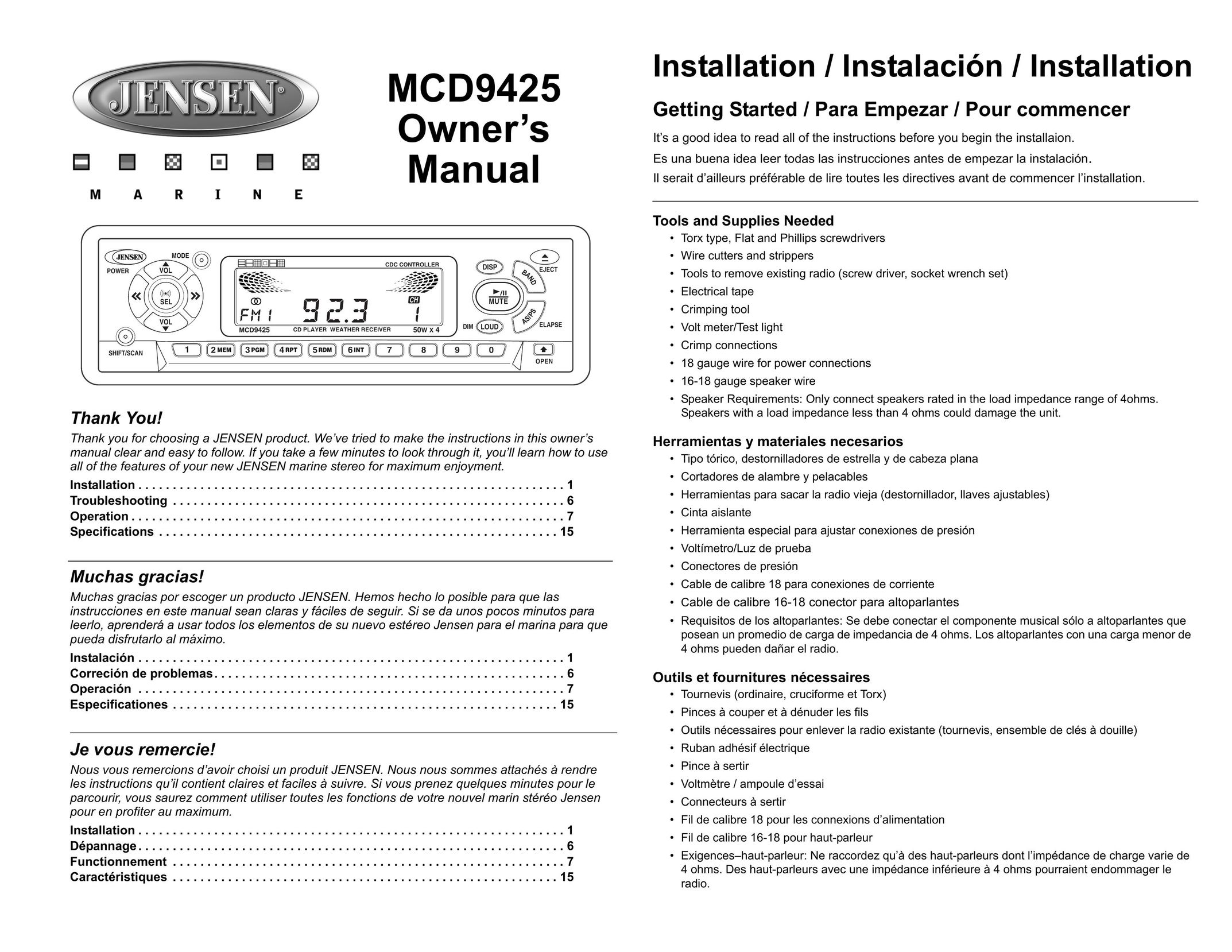 Jensen MCD9425 Car Stereo System User Manual