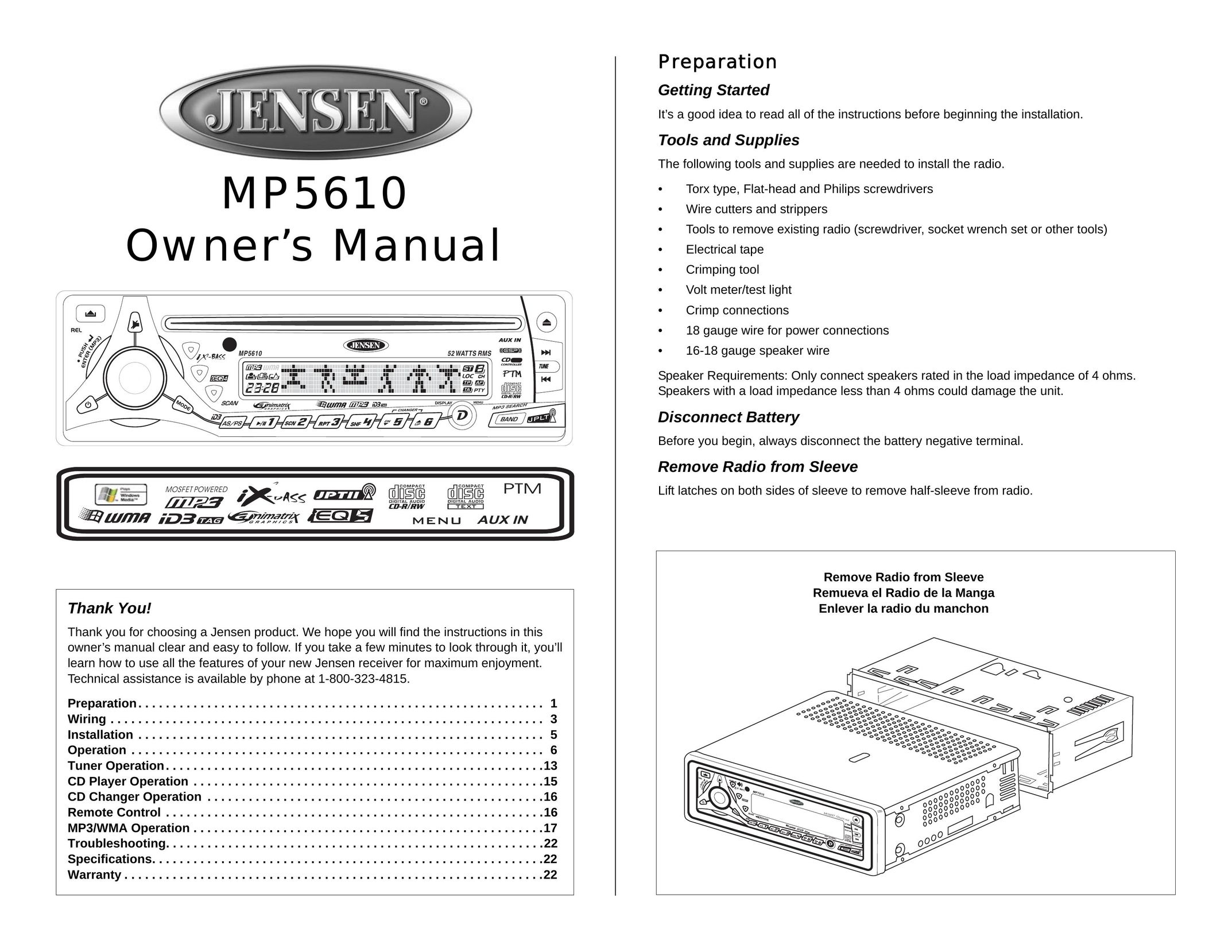 Jensen MP5610 Car Stereo System User Manual