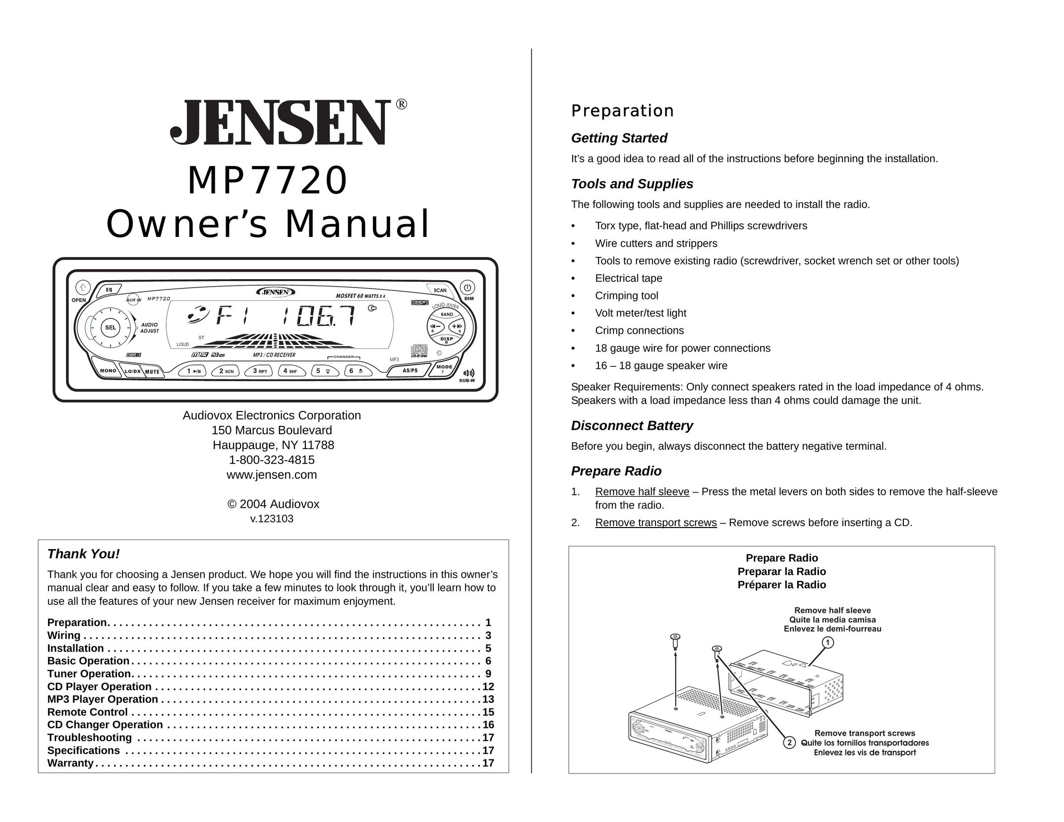 Jensen MP7720 Car Stereo System User Manual