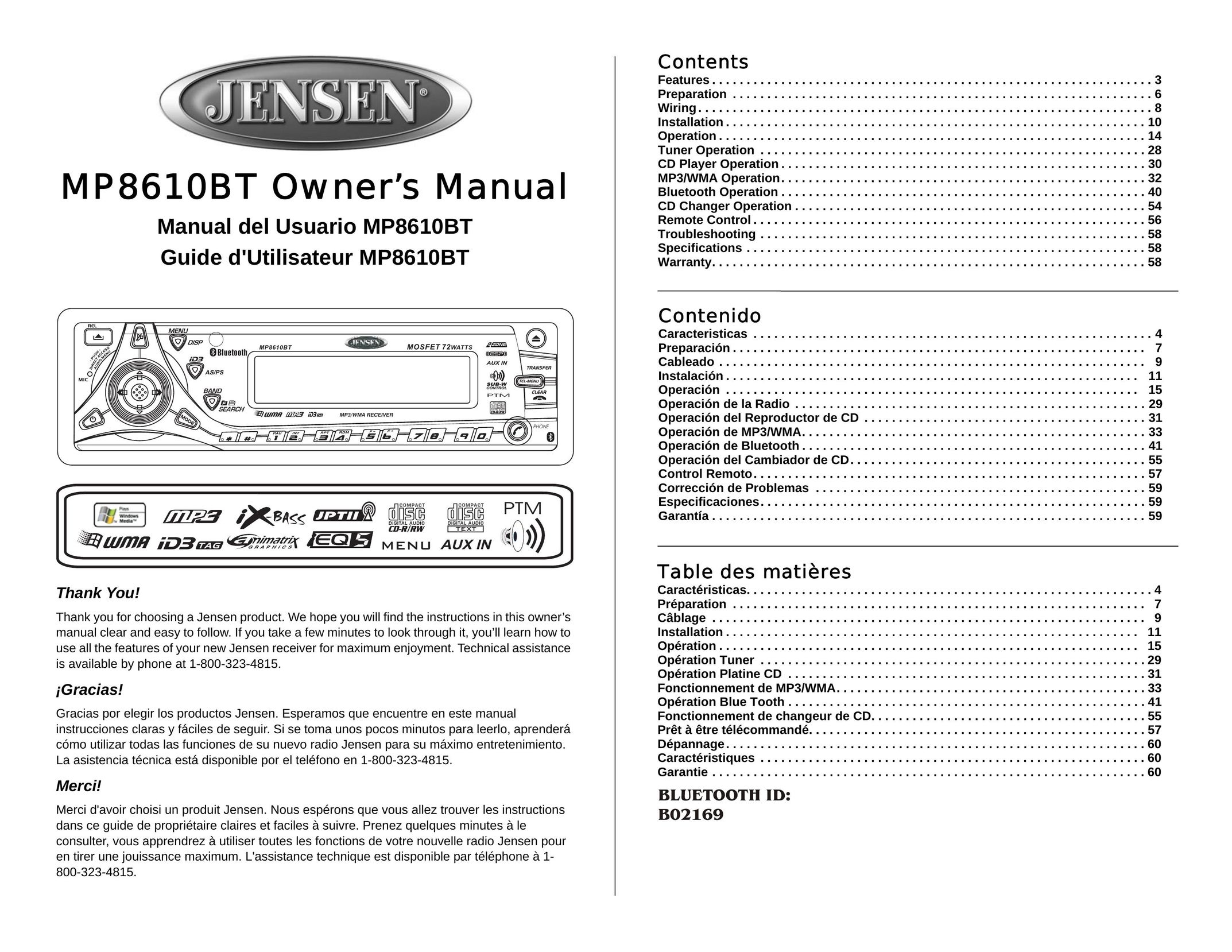 Jensen MP8610BT Car Stereo System User Manual