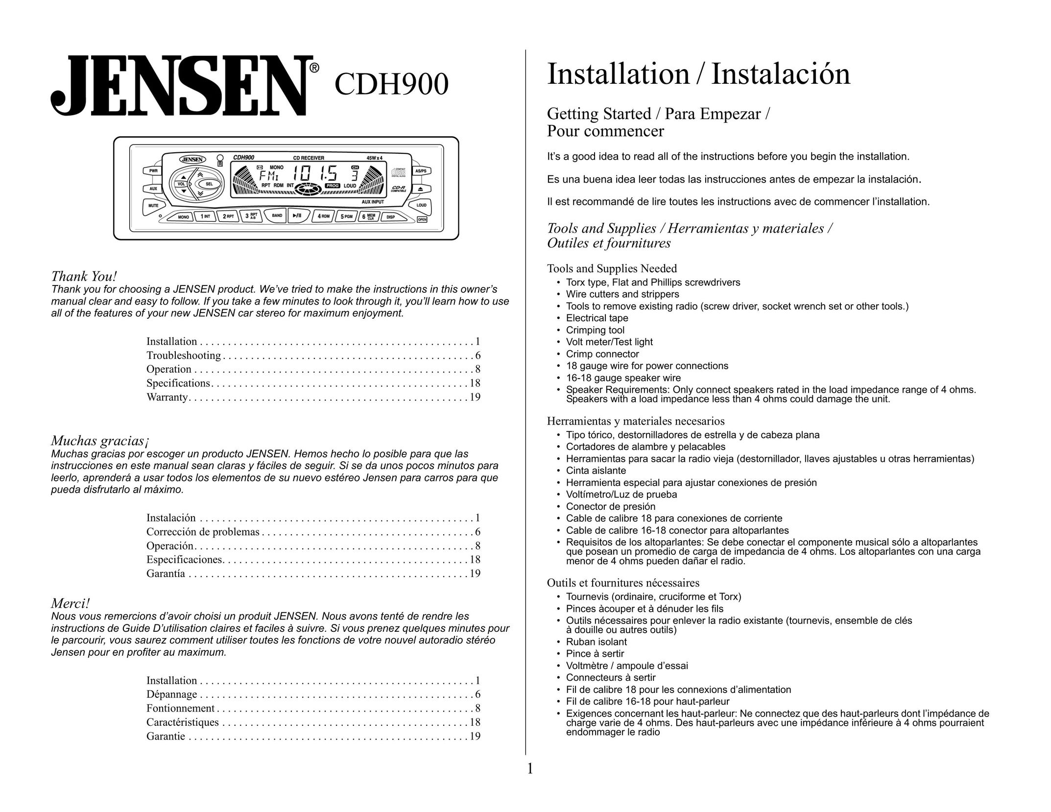 Jensen Tools CDH900 Car Stereo System User Manual