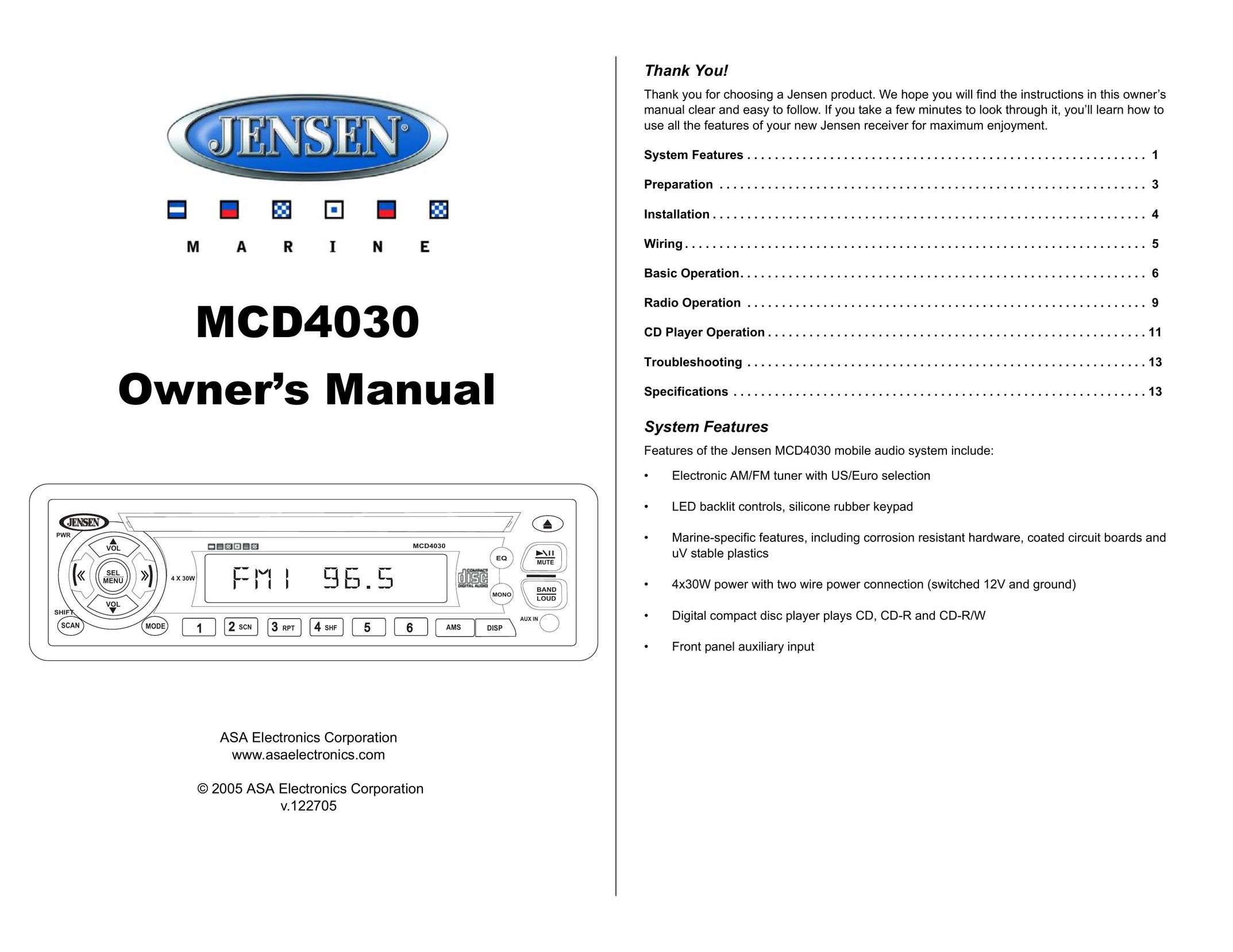 Jensen Tools MCD4030 Car Stereo System User Manual