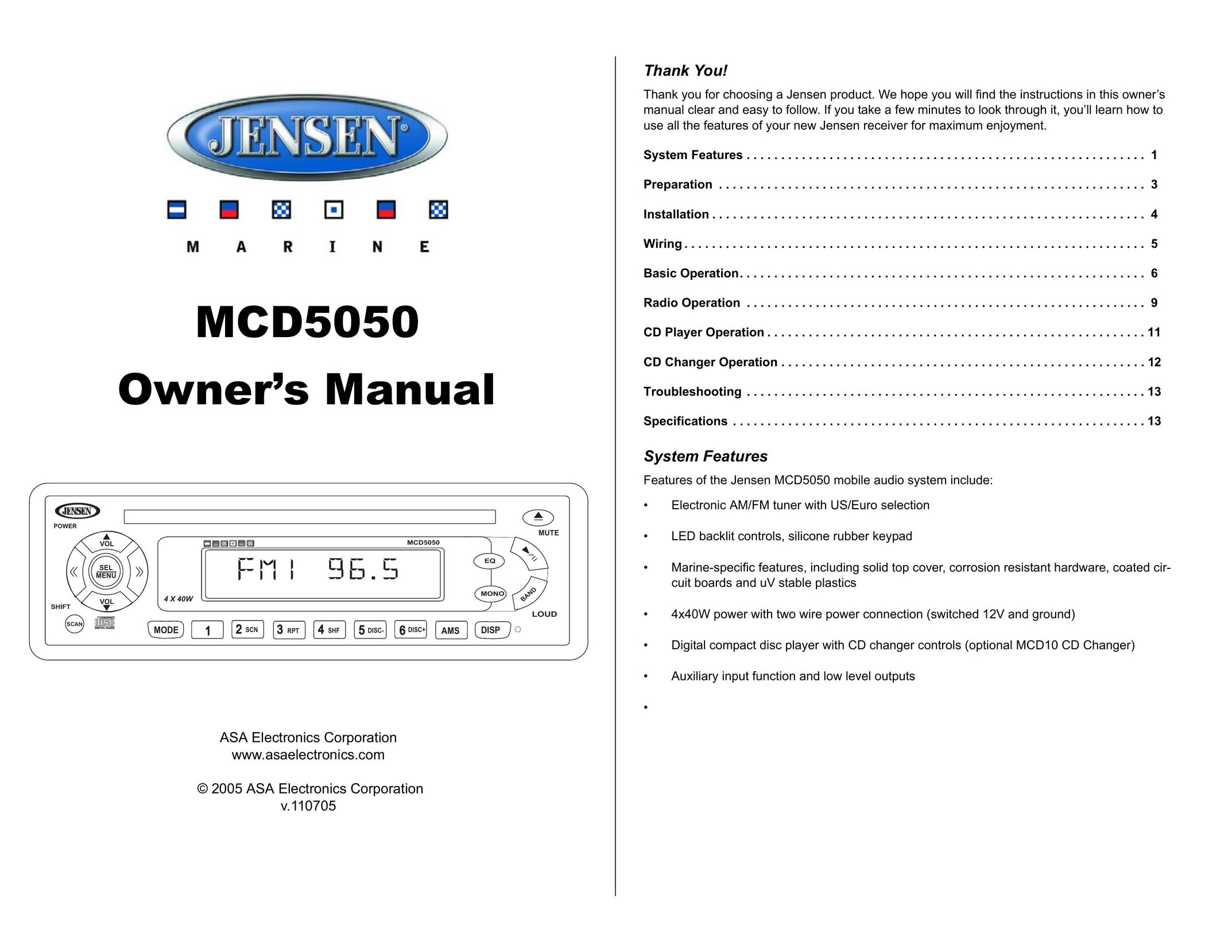 Jensen Tools MCD5050 Car Stereo System User Manual