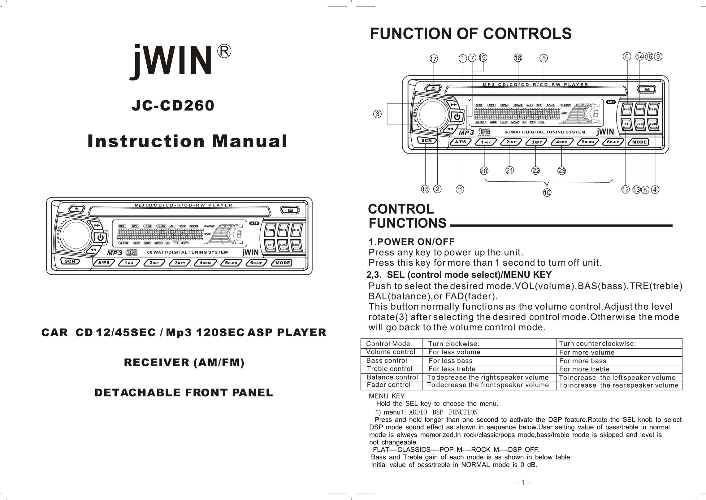 Jwin JC-CD260 Car Stereo System User Manual