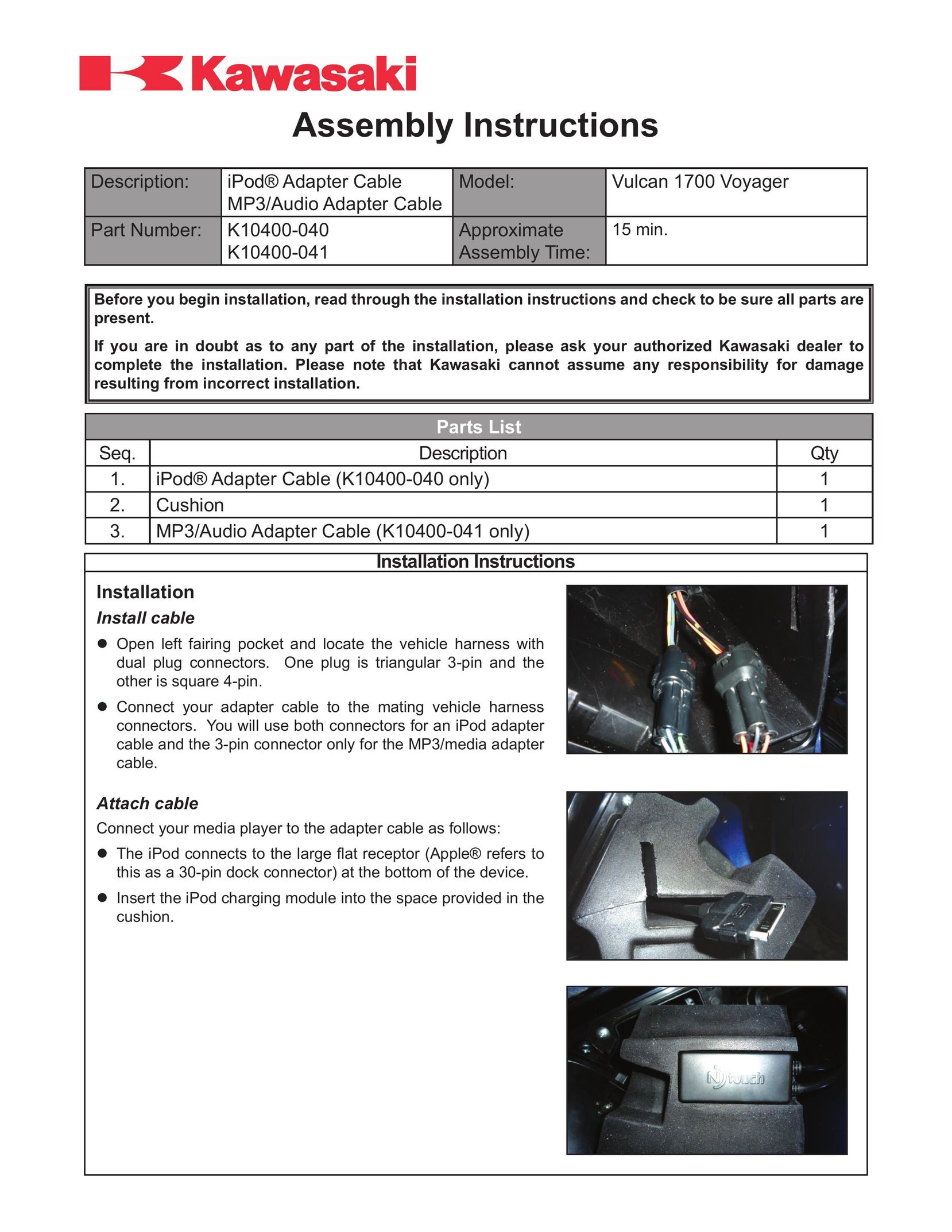 Kawasaki K10400-040 Car Stereo System User Manual