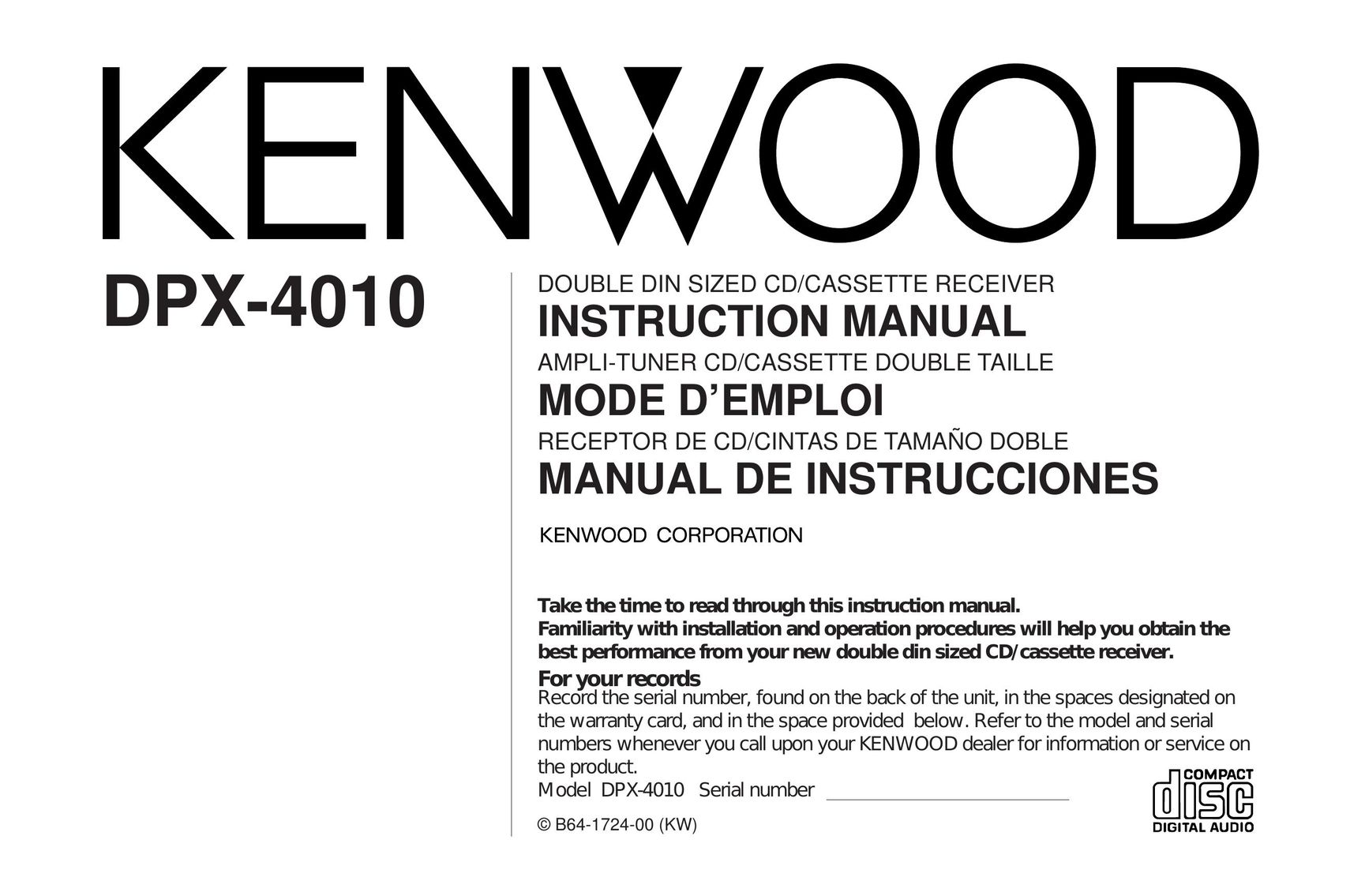 Kenwood DPX-4010 Car Stereo System User Manual