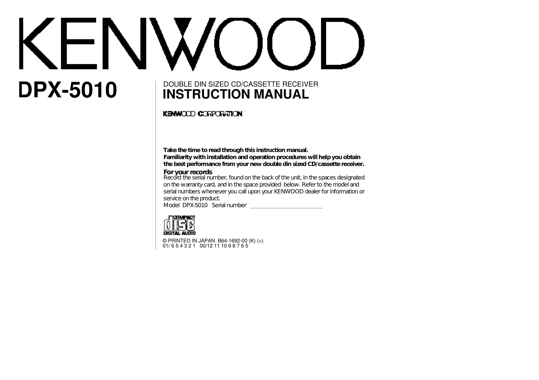 Kenwood DPX-5010 Car Stereo System User Manual