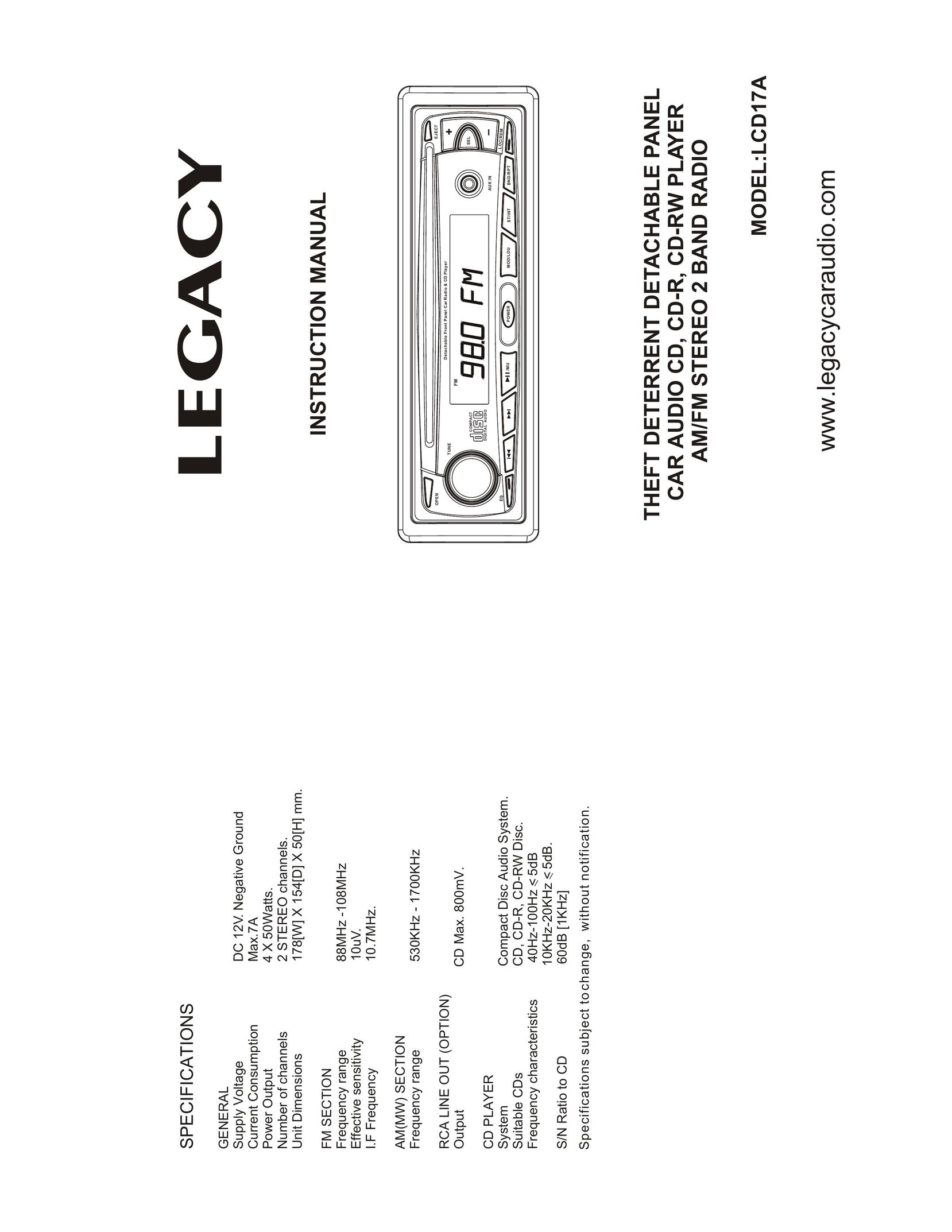 Legacy Car Audio LCD17A Car Stereo System User Manual