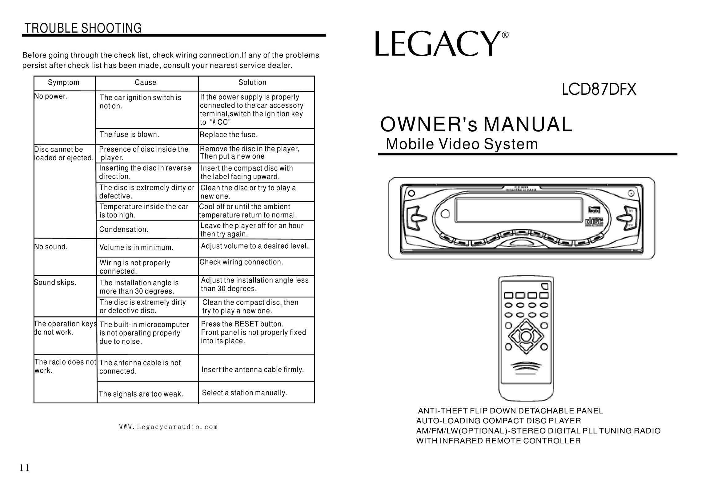 Legacy Car Audio LCD87DFX Car Stereo System User Manual