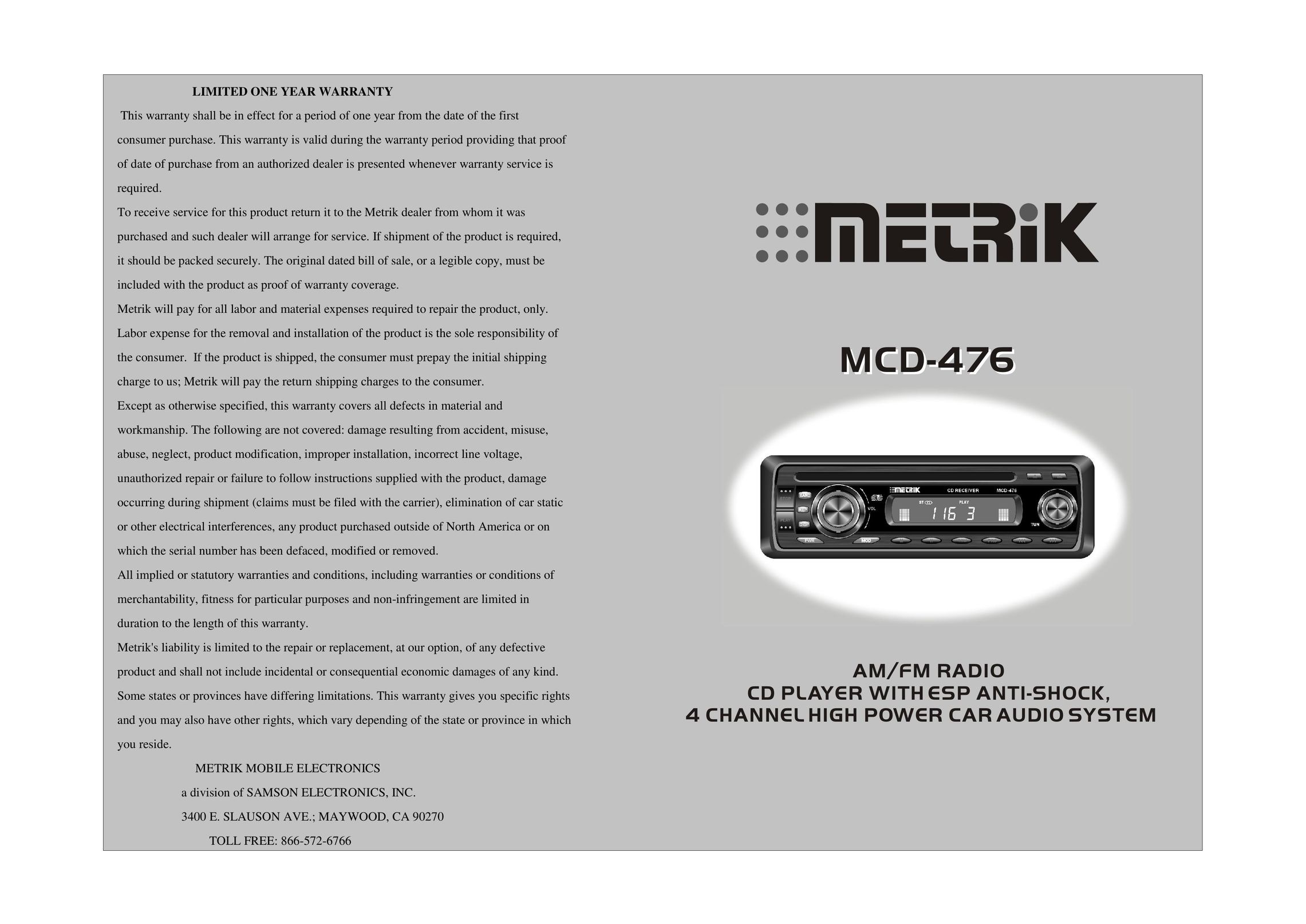 Metrik Mobile Electronics MCD-476 Car Stereo System User Manual