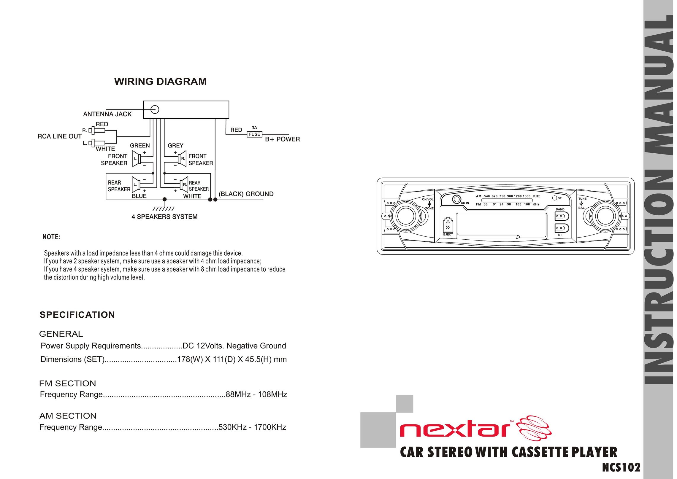 Nextar NCS102 Car Stereo System User Manual