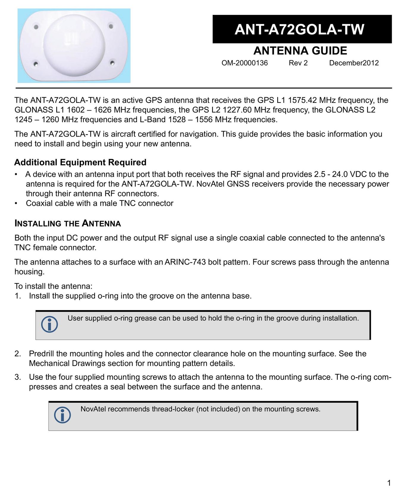 Novatel ANT-A72GOLA-TW Car Stereo System User Manual