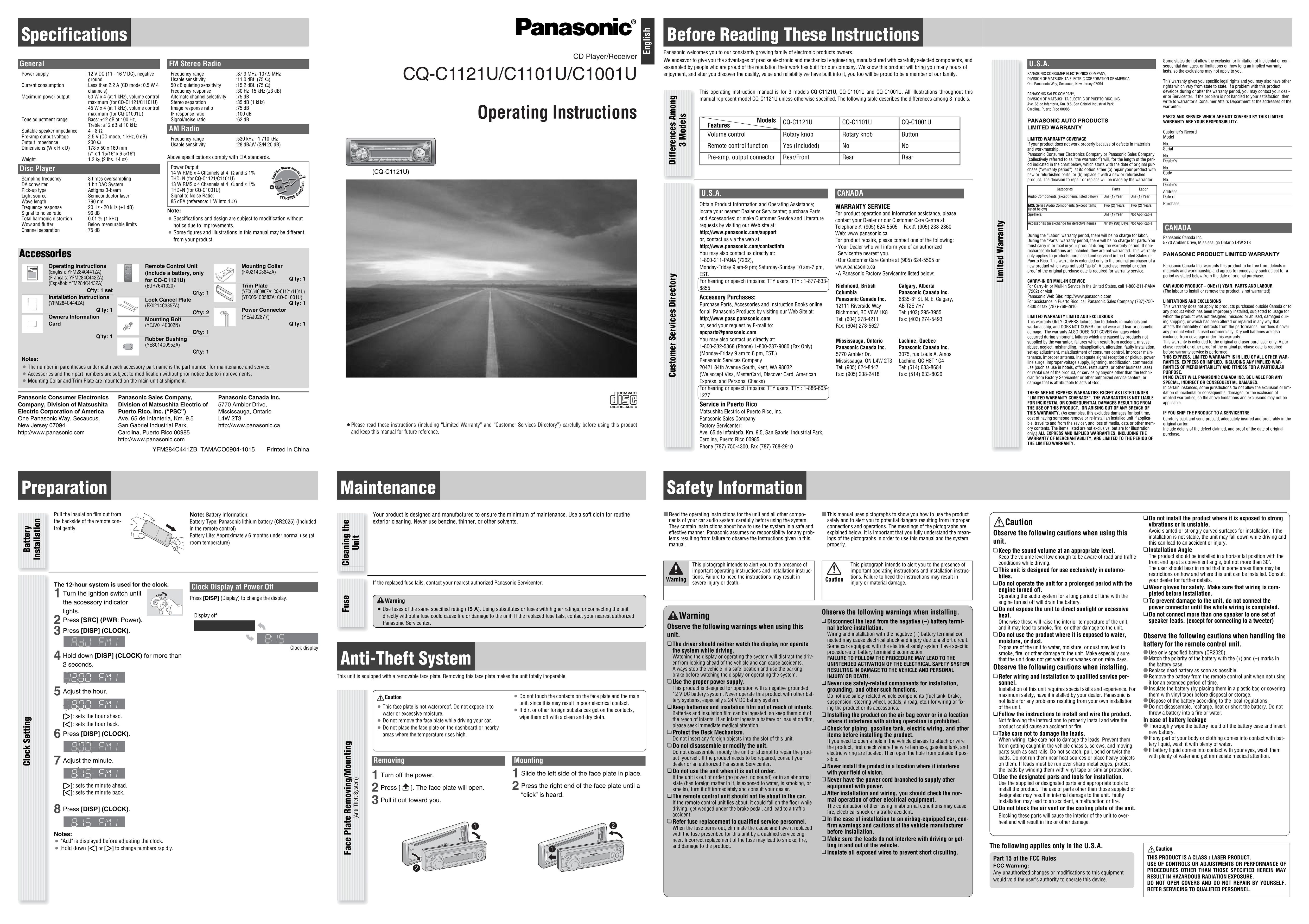 Panasonic CQ-C1101U Car Stereo System User Manual