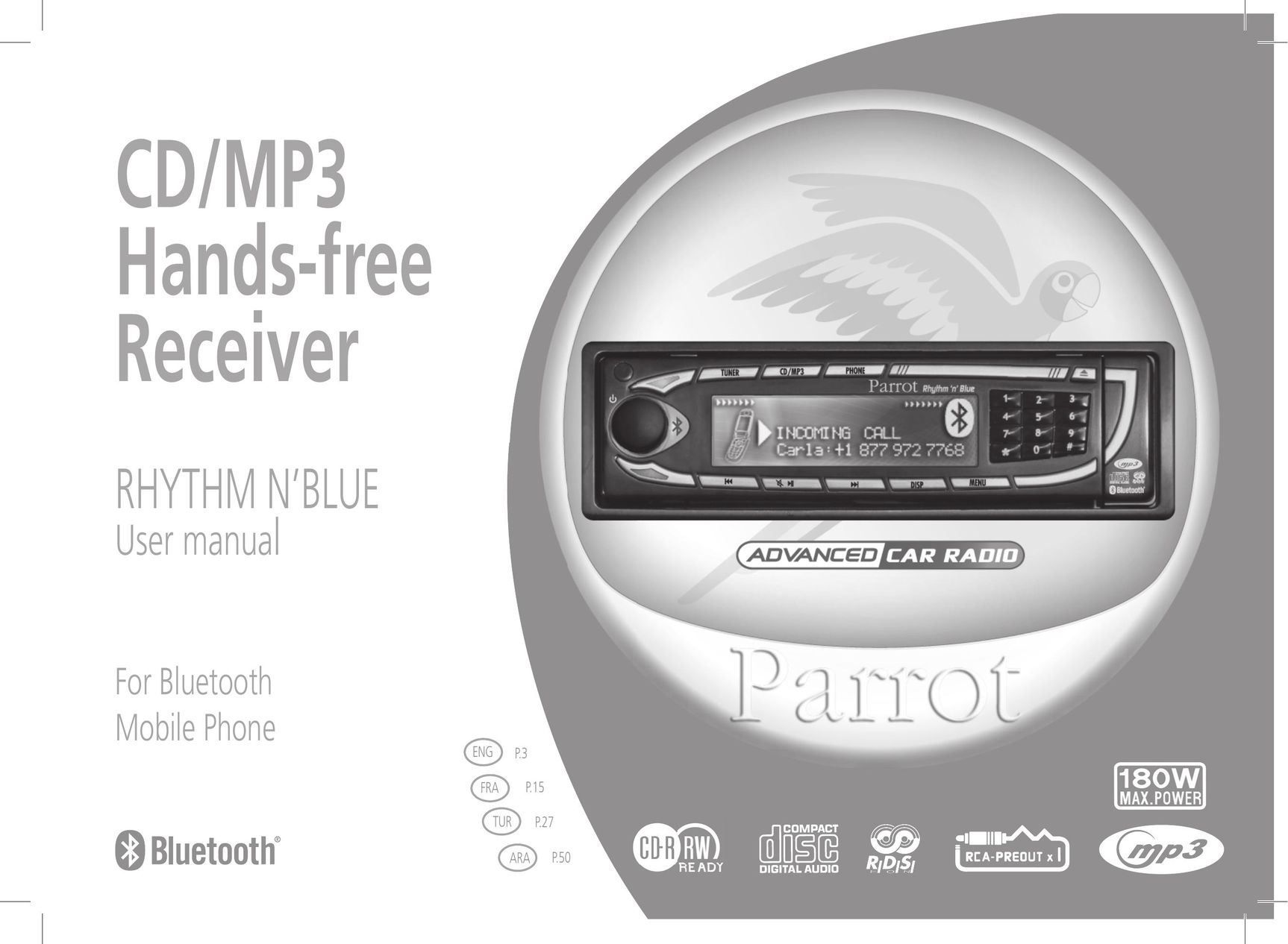 Parrot CD/MP3 Hands-free Receiver RHYTHM N' BLUE Car Stereo System User Manual