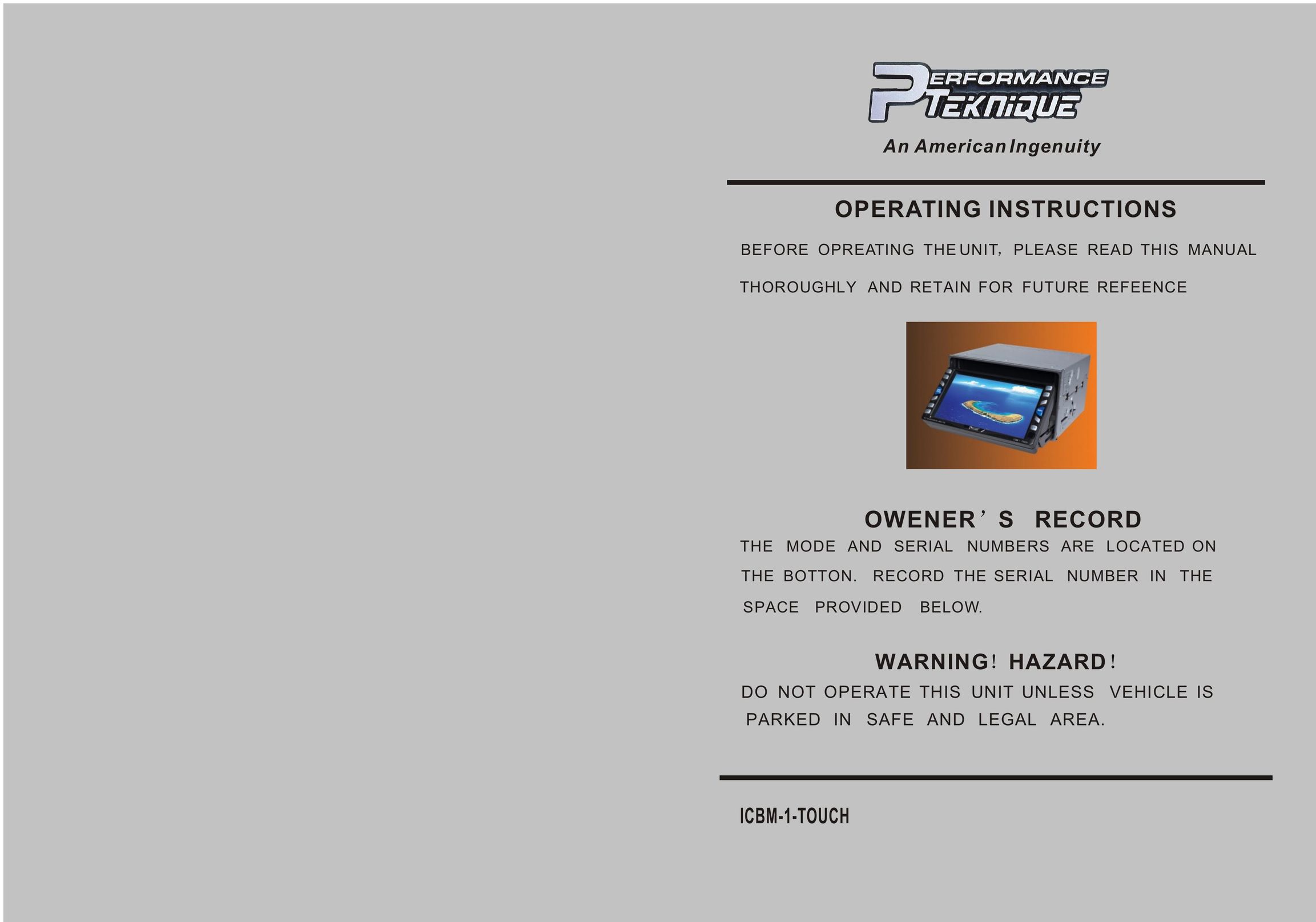 Performance Teknique ICBM-1-TOUCH Car Stereo System User Manual