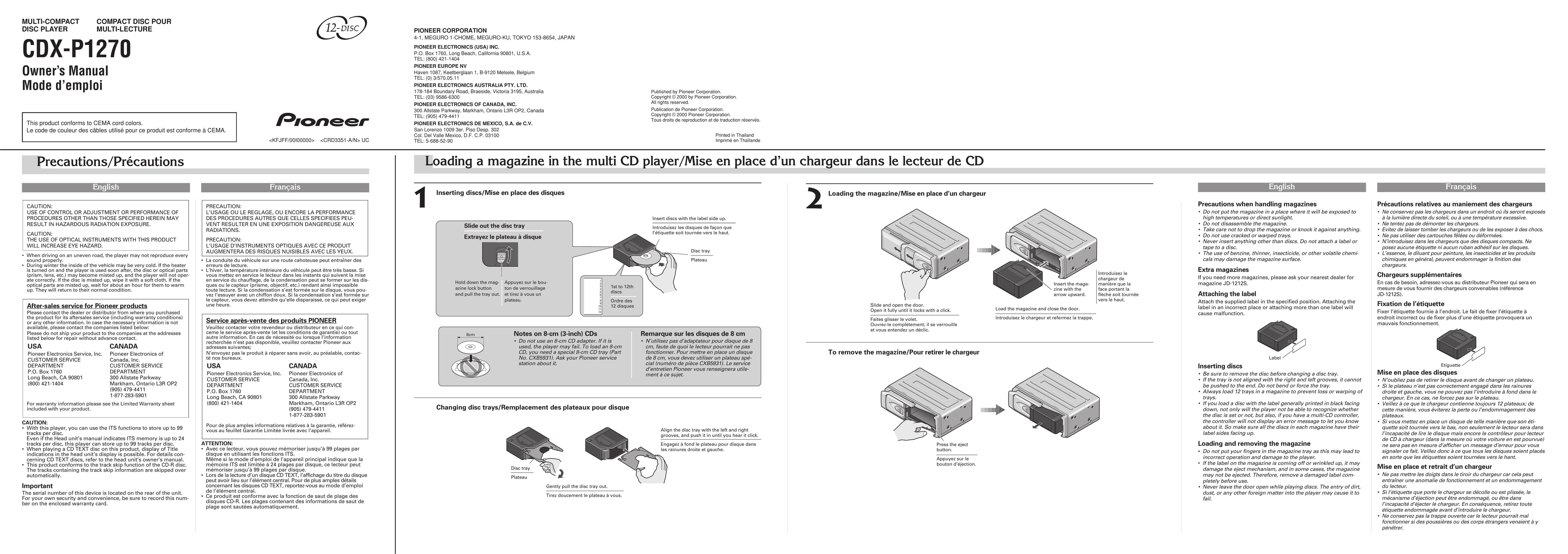 Pioneer CDX-P1270 Car Stereo System User Manual