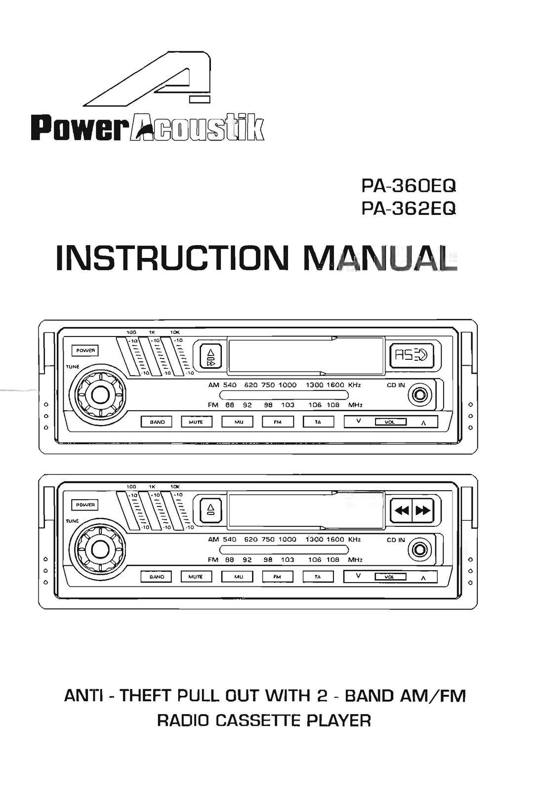 Power Acoustik PA-360EQ Car Stereo System User Manual