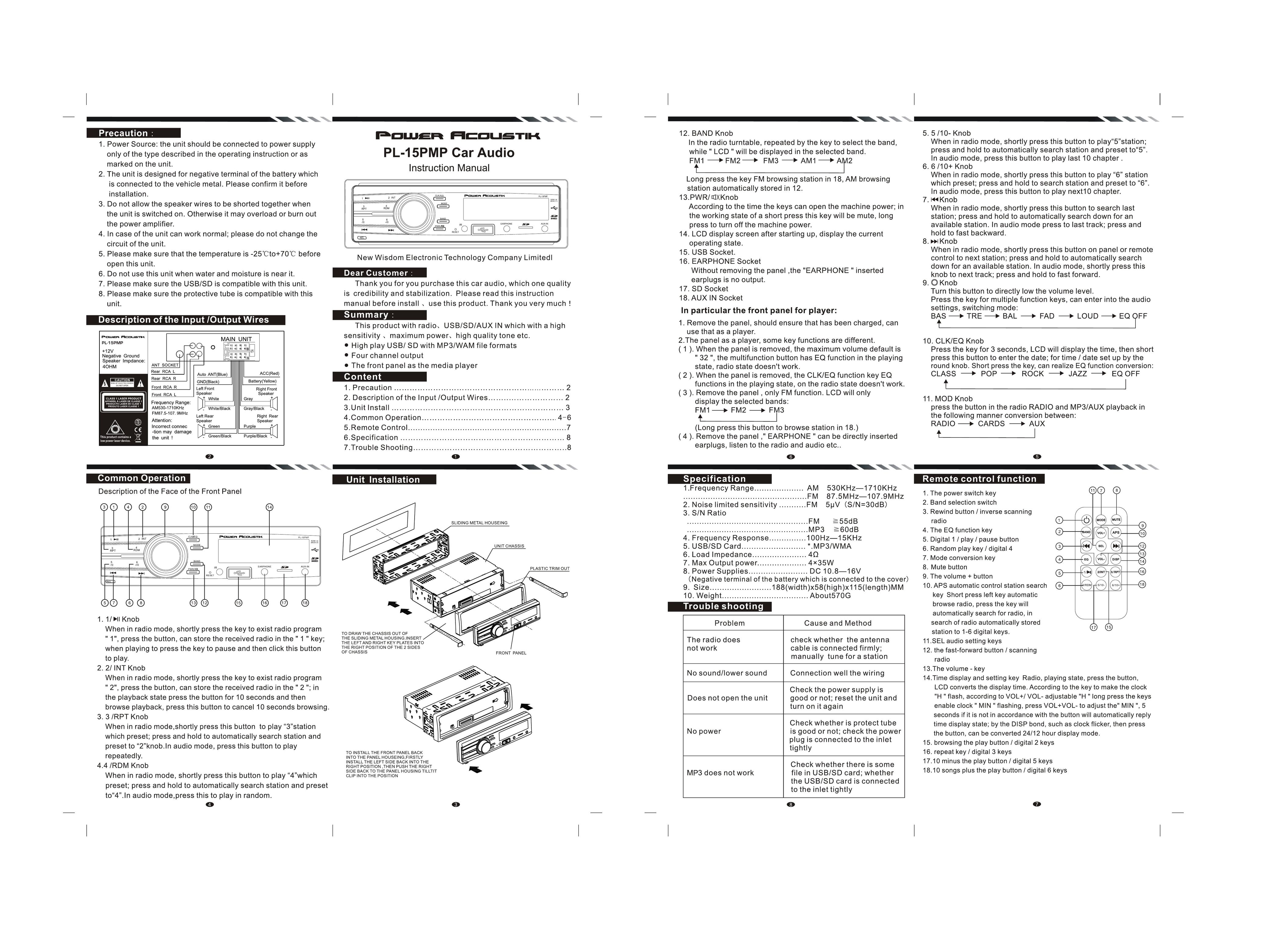 Power Acoustik PL-15PMP Car Stereo System User Manual