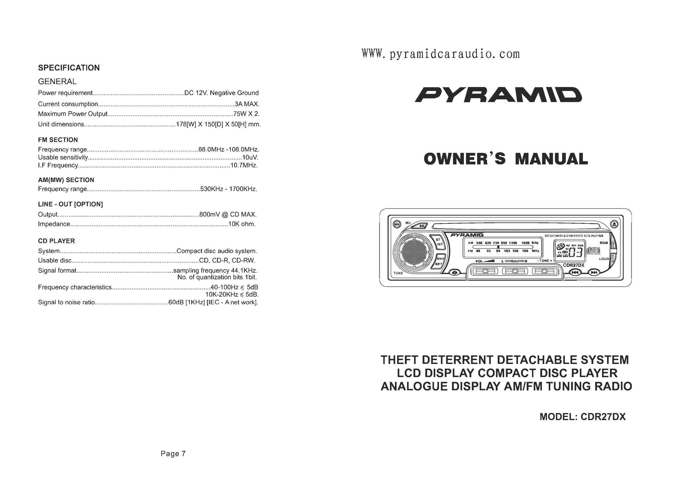 Pyramid Car Audio CDR27DX Car Stereo System User Manual
