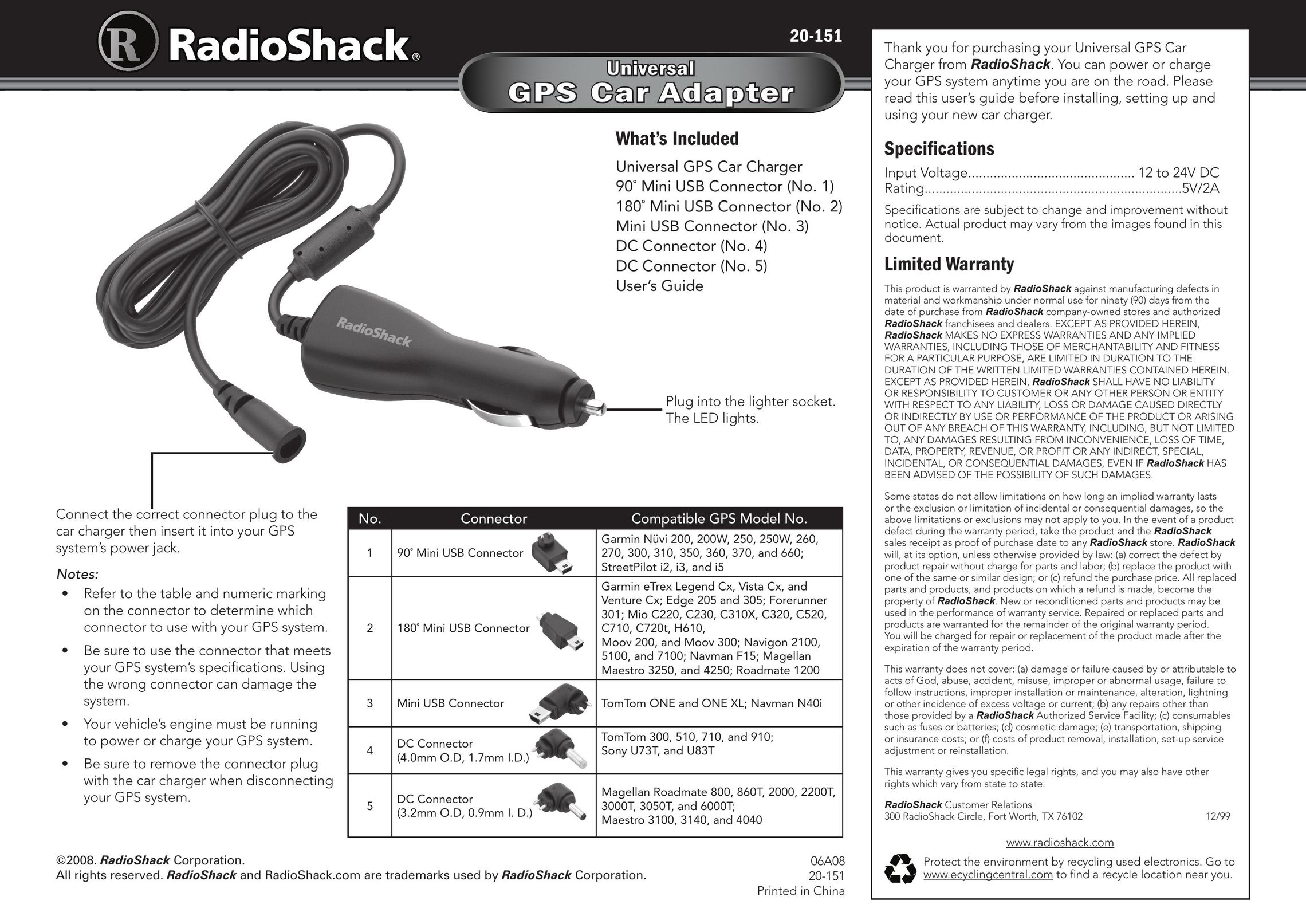 Radio Shack GPS Car Adapter Car Stereo System User Manual