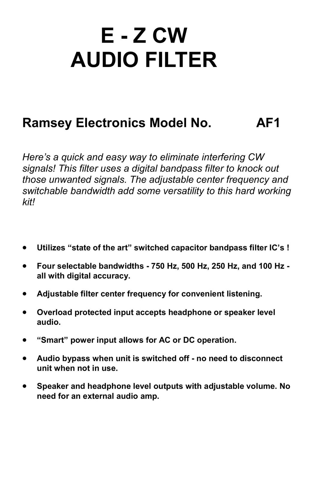 Ramsey Electronics AF1 Car Stereo System User Manual