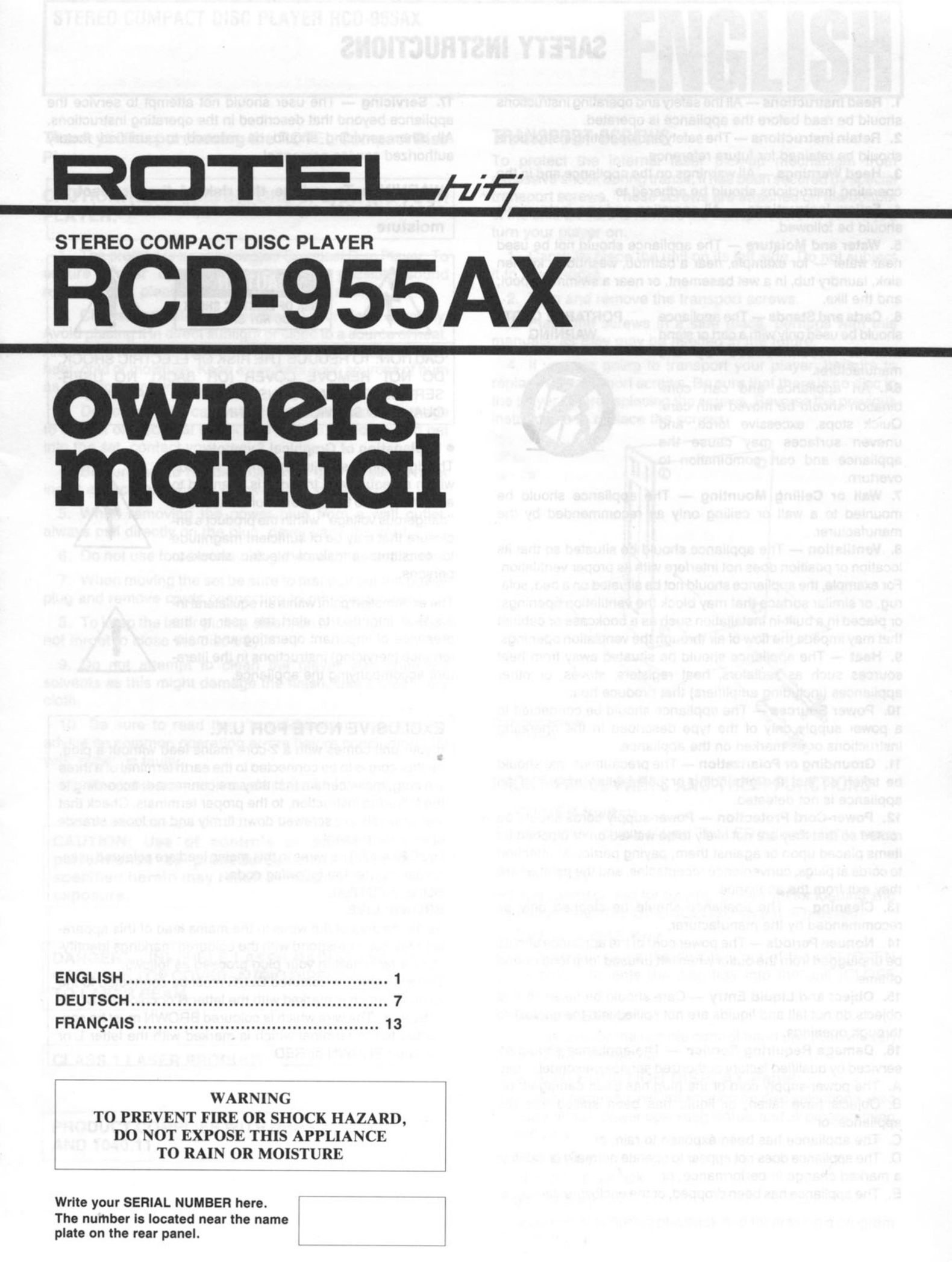 Rotel RCD955AX Car Stereo System User Manual
