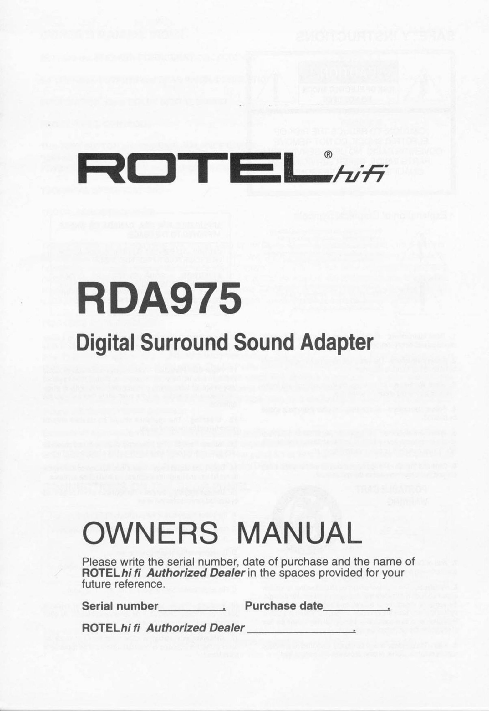 Rotel RDA975 Car Stereo System User Manual