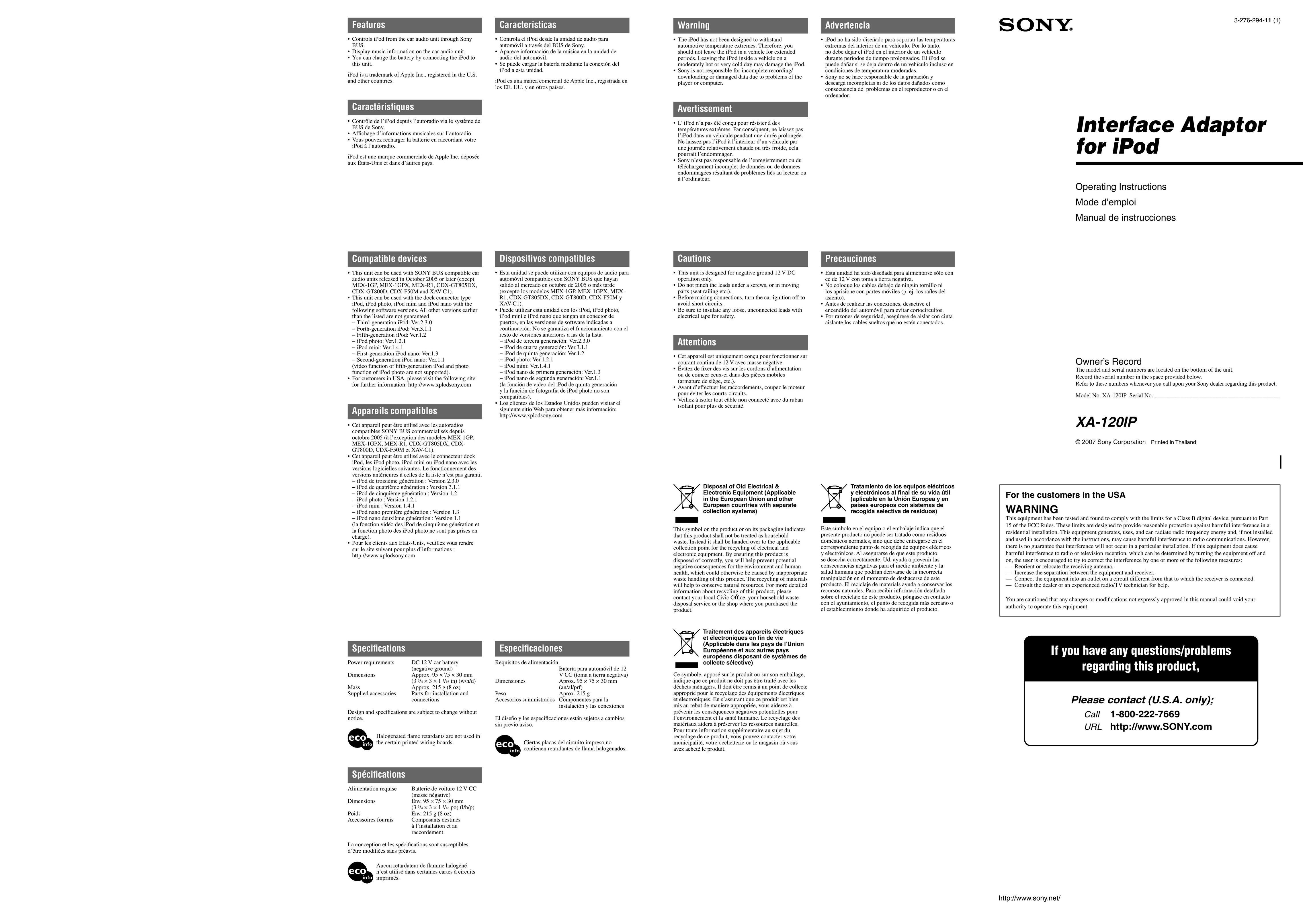 Sony Ericsson XA-120IP Car Stereo System User Manual