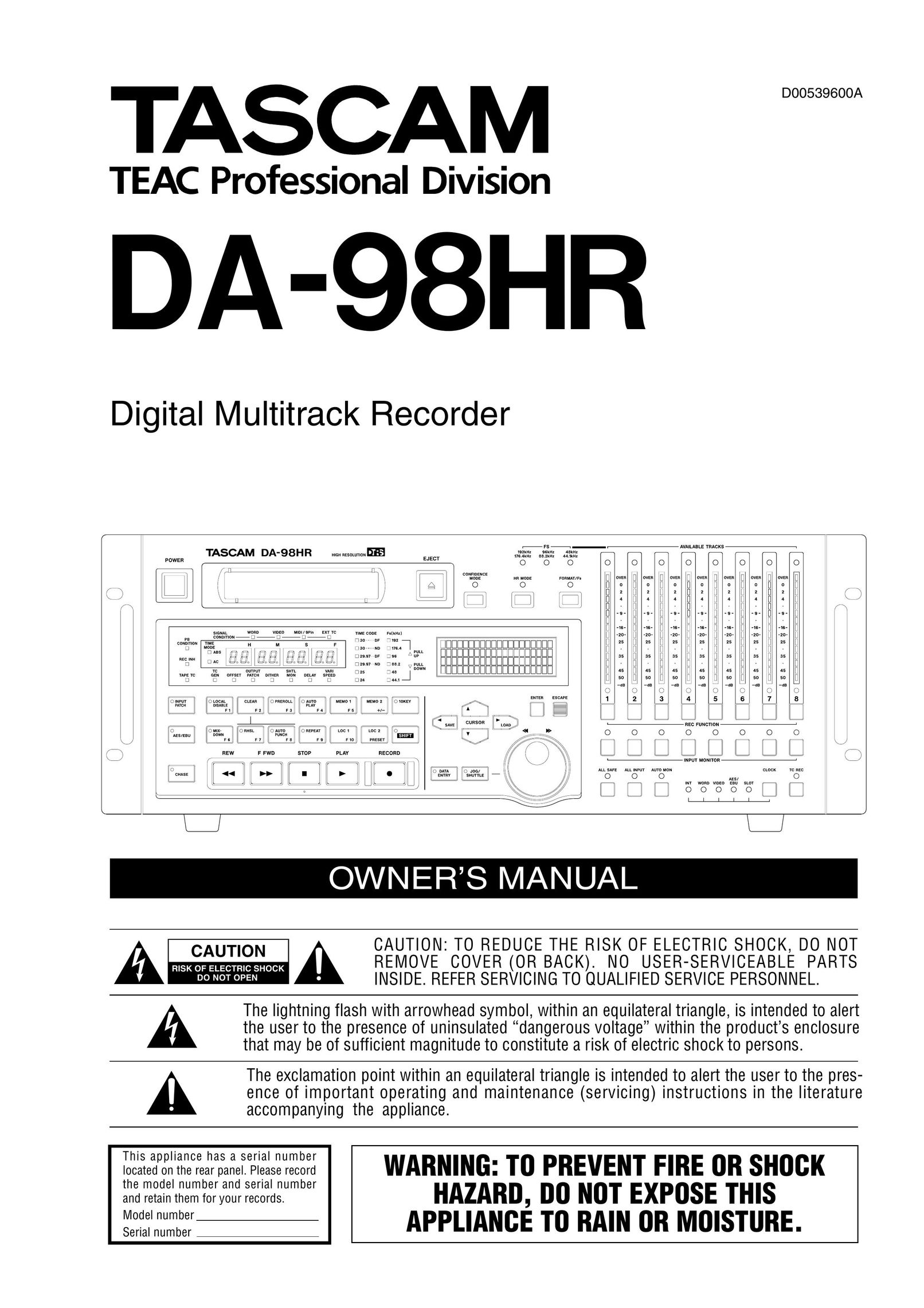 Tascam DA-98HR Car Stereo System User Manual