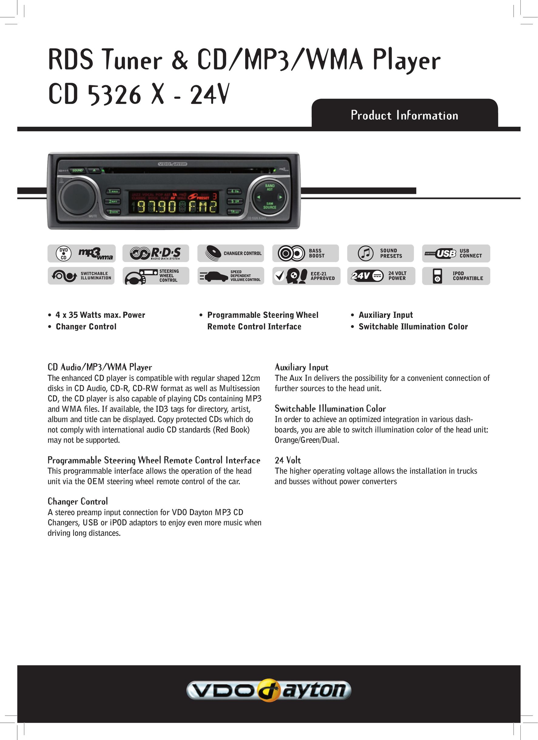 VDO Dayton CD 5326 X - 24V Car Stereo System User Manual