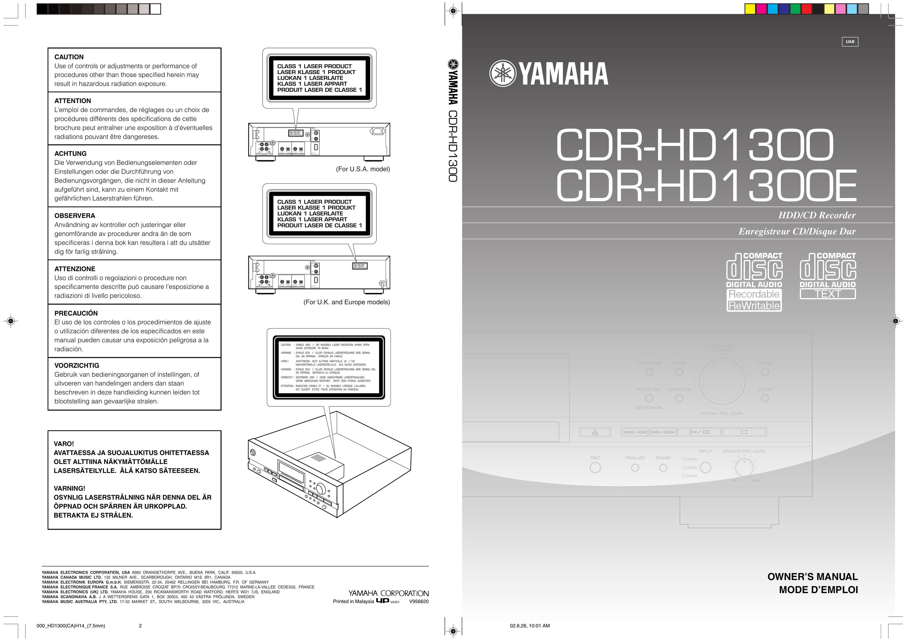 Yamaha CDR-HD1300E Car Stereo System User Manual