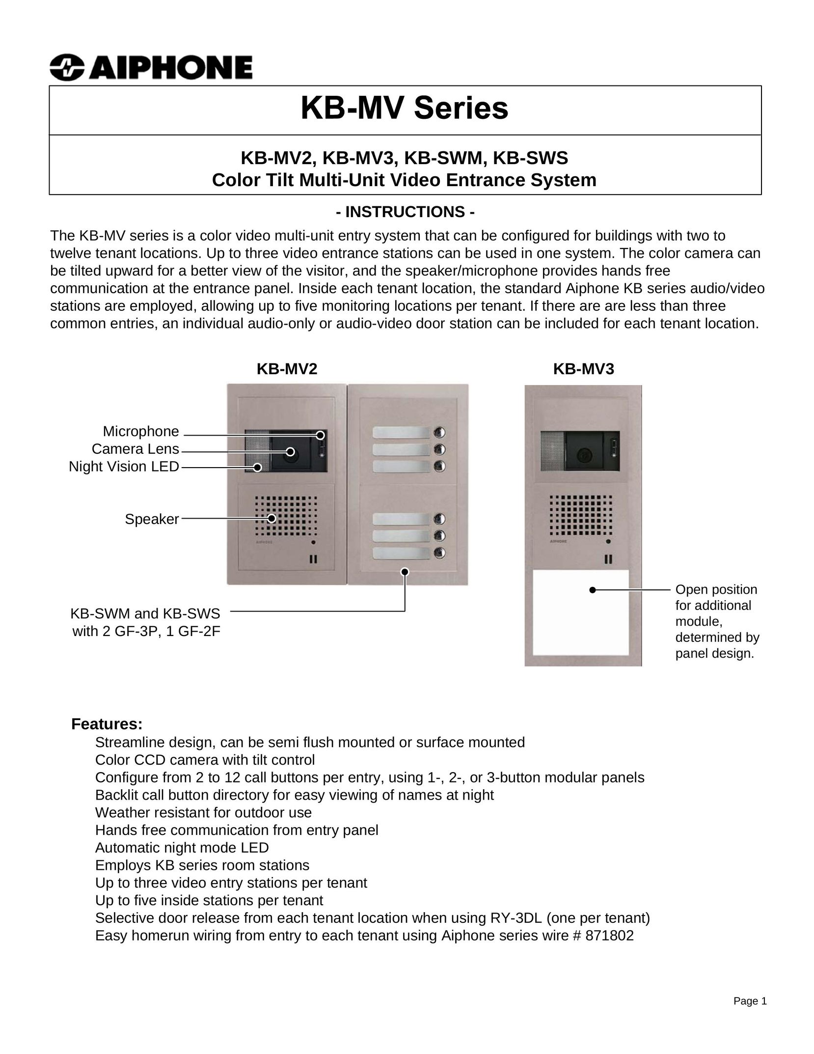 Aiphone KB-MV3 Car Video System User Manual