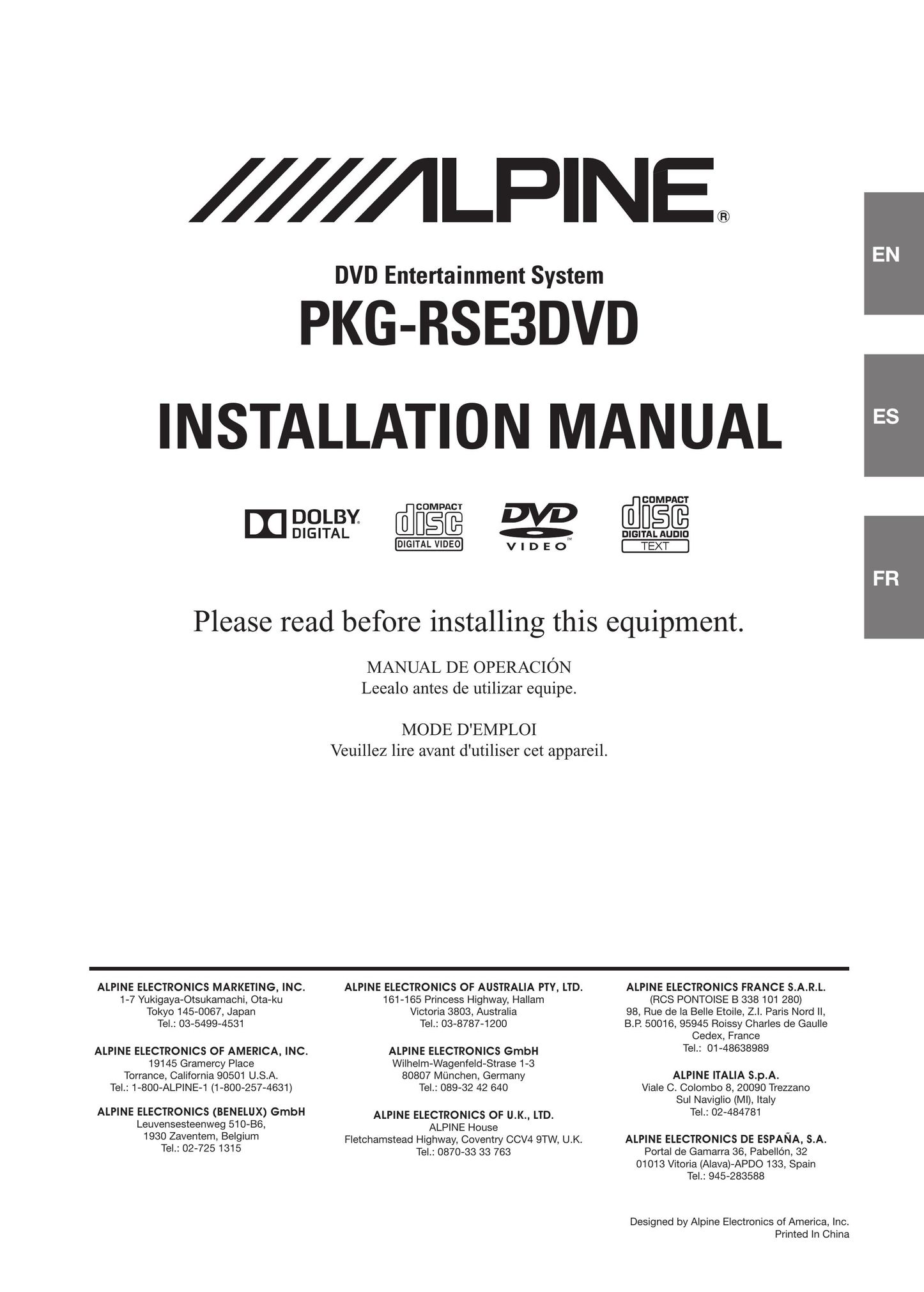 Alpine PKG-RSE3DVD Car Video System User Manual