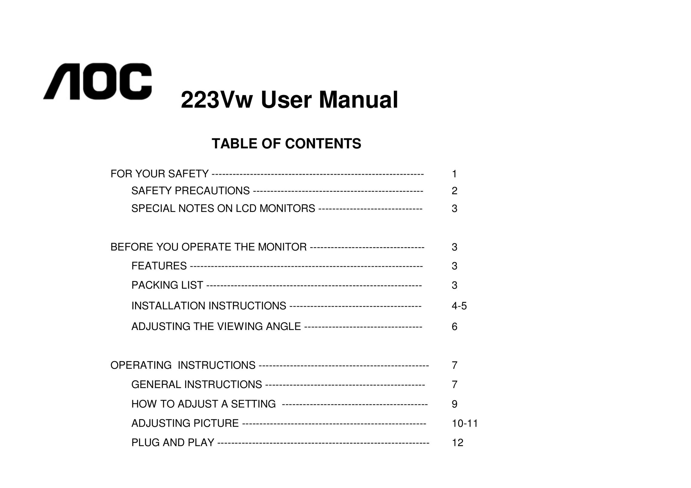 AOC 223Vw Car Video System User Manual