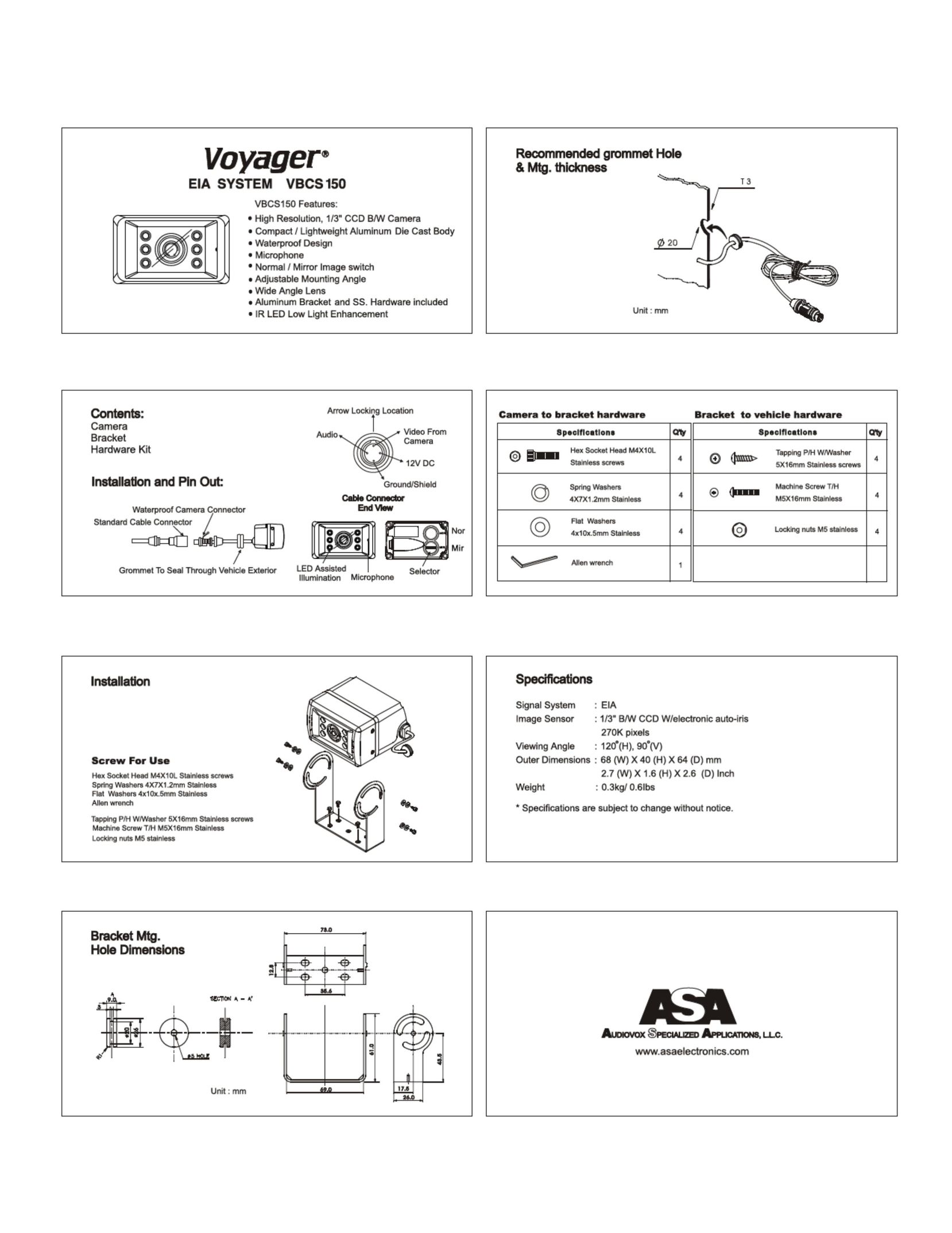 ASA Electronics VBCS 150 Car Video System User Manual