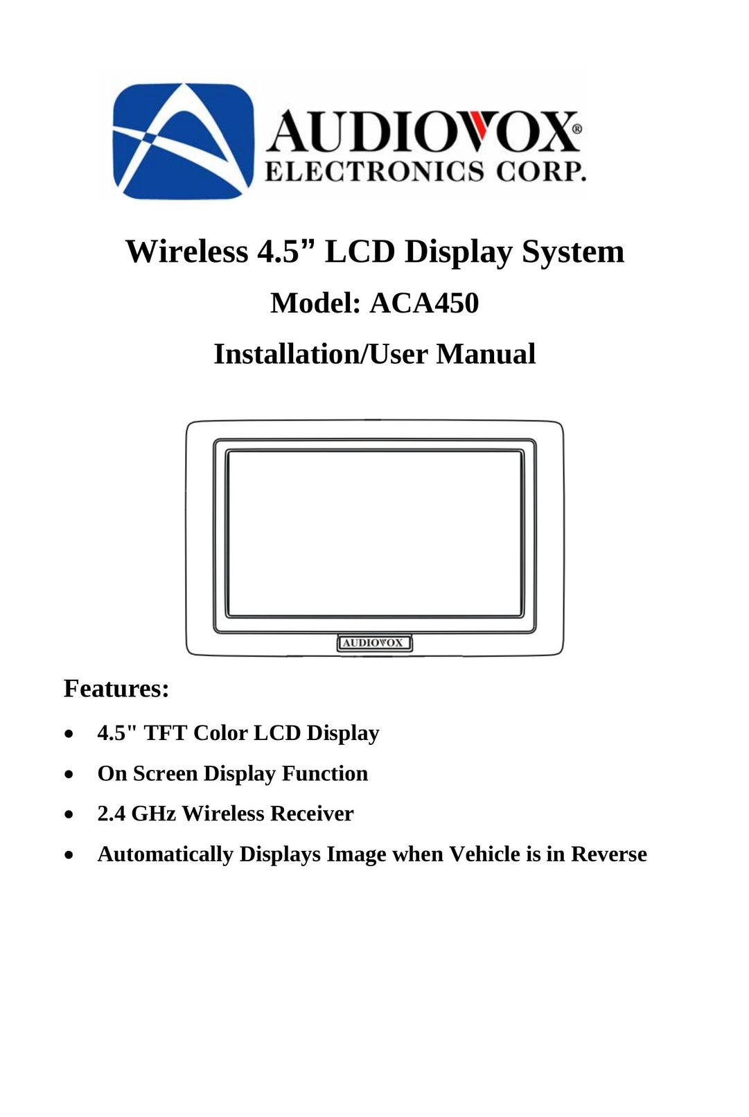 Audiovox ACA450 Car Video System User Manual